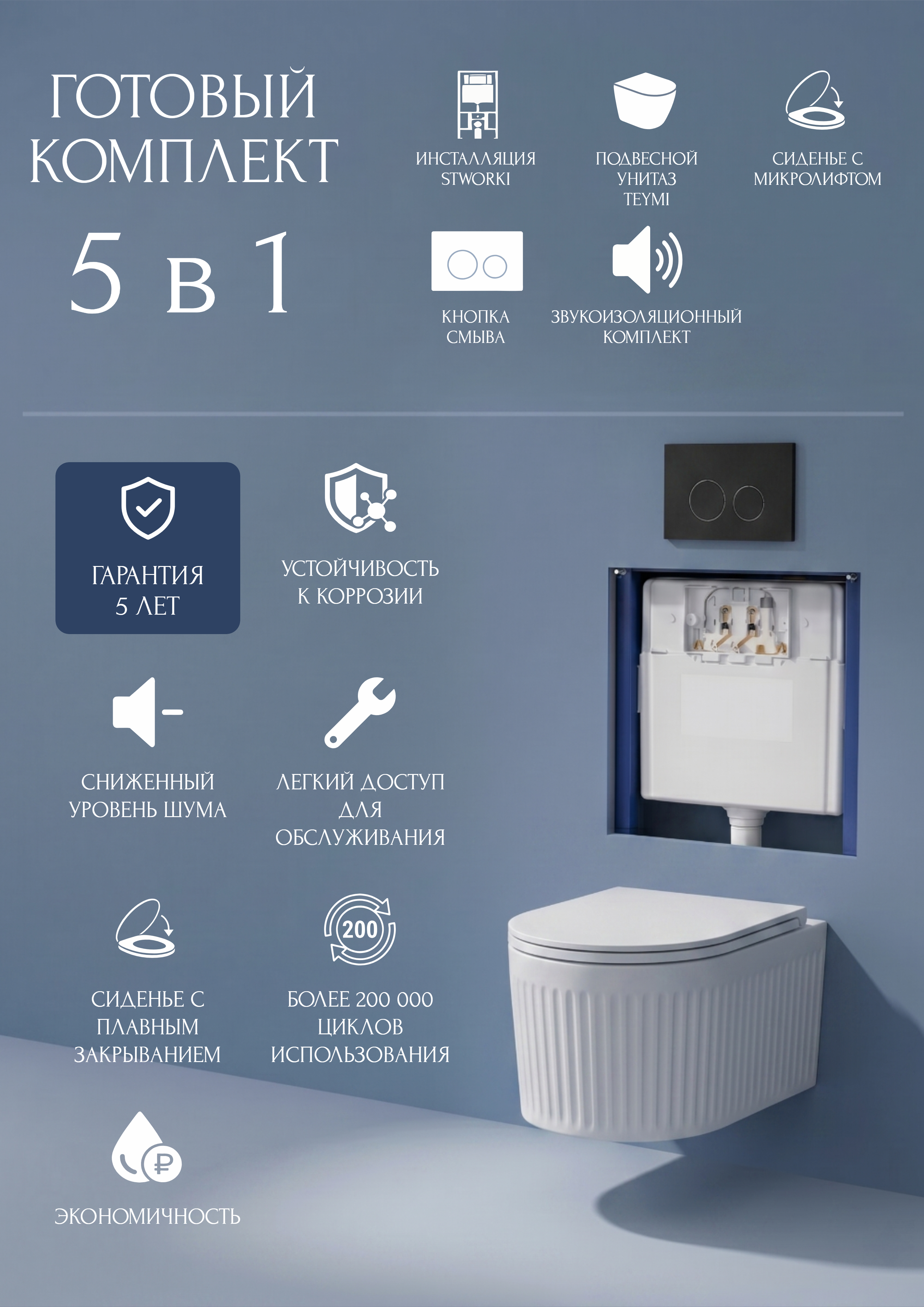 Комплект 5 в 1: Инсталляция STWORKI Хельсинки S33500BK + Унитаз подвесной Teymi Martta Vortex T42101 + Сиденье с микролифтом + Комплект шумоизоляции + Кнопка матовая черная
