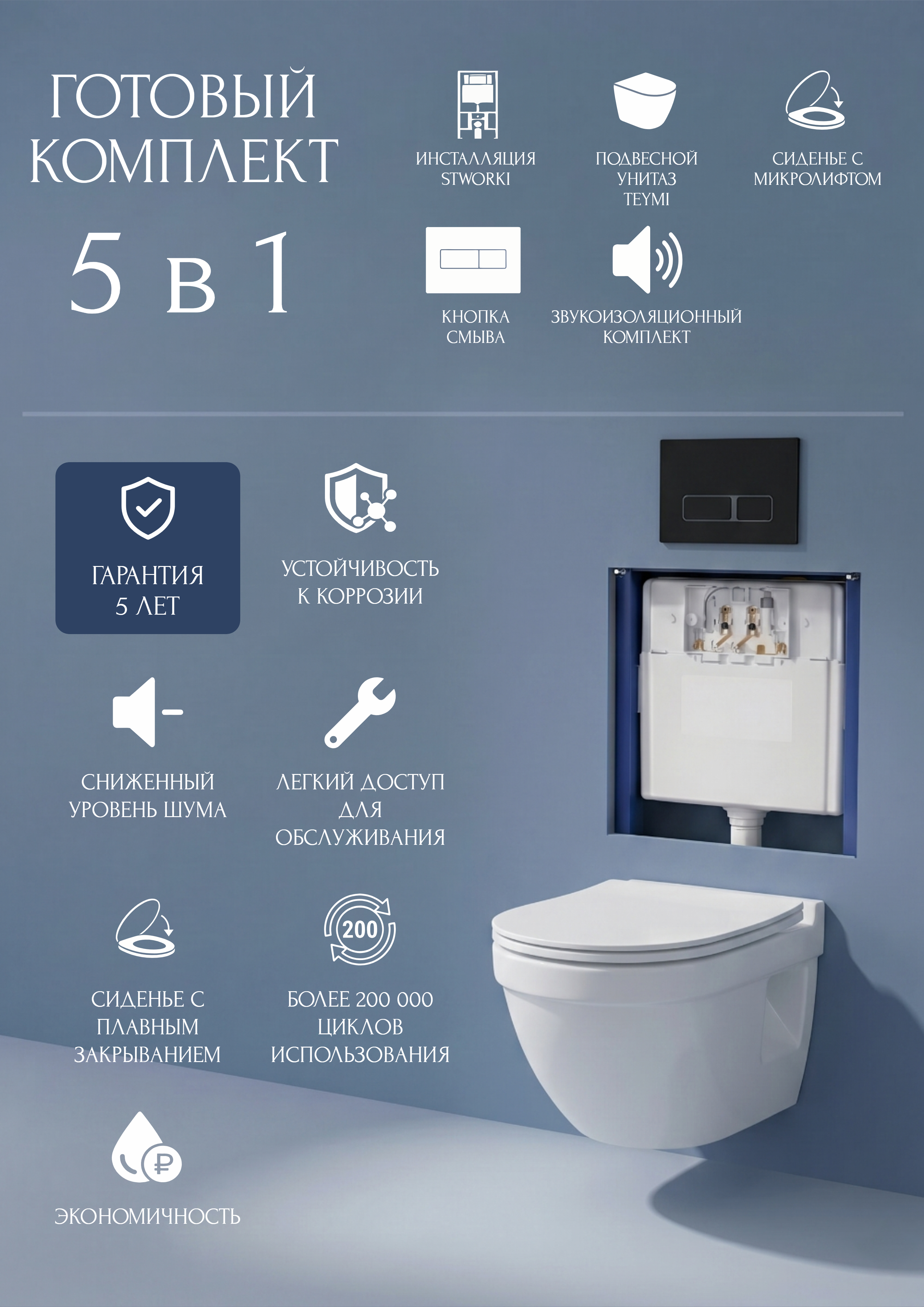 Комплект 5 в 1: Инсталляция STWORKI Кронборг S28500BK + Унитаз подвесной Teymi Vitra Pro T40806 + Комплект шумоизоляции + Кнопка матовая черная