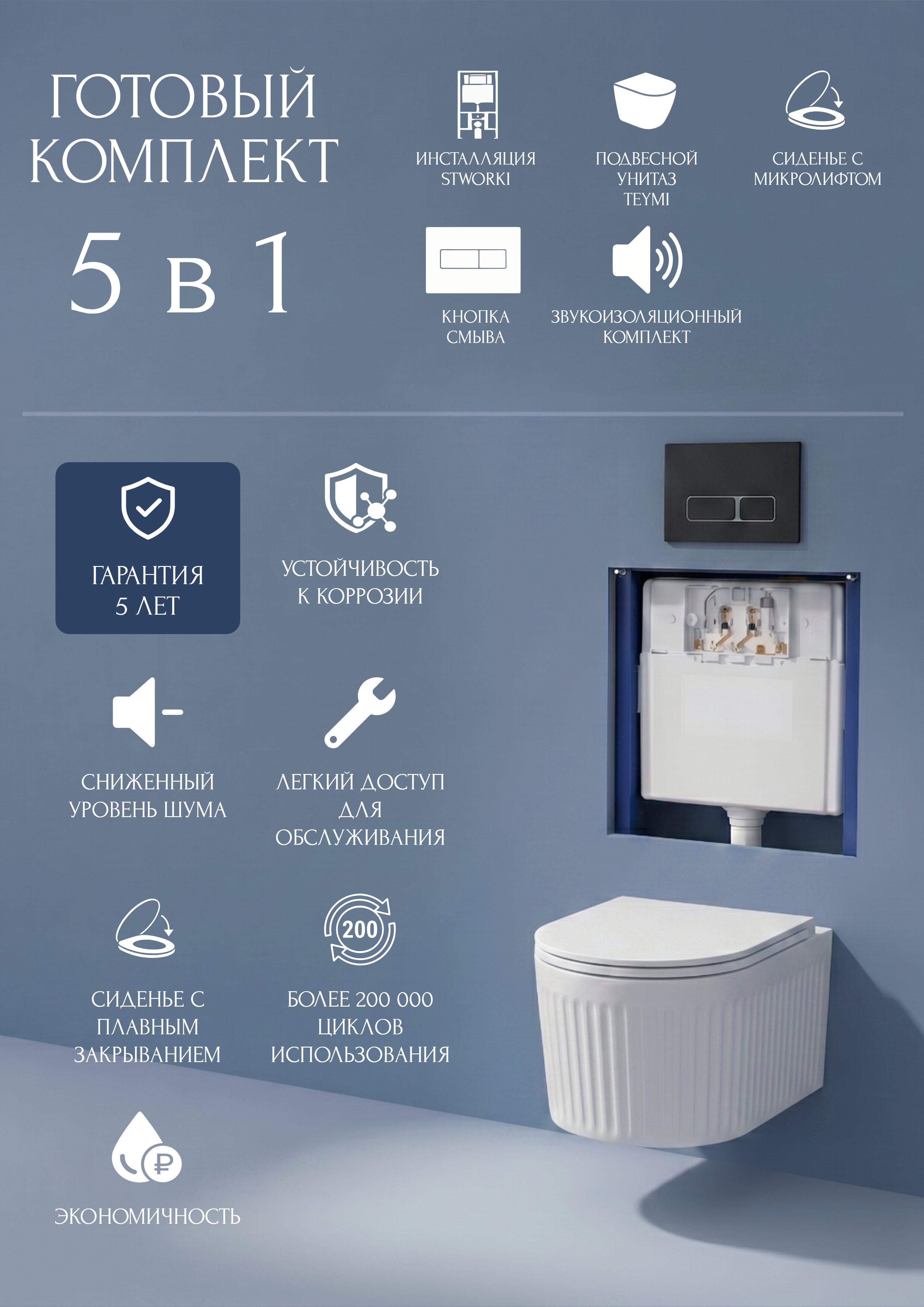 Комплект 5 в 1: Инсталляция STWORKI Кронборг S28500BK + Унитаз подвесной Teymi Martta Vortex T42101 + Комплект шумоизоляции + Кнопка матовая черная