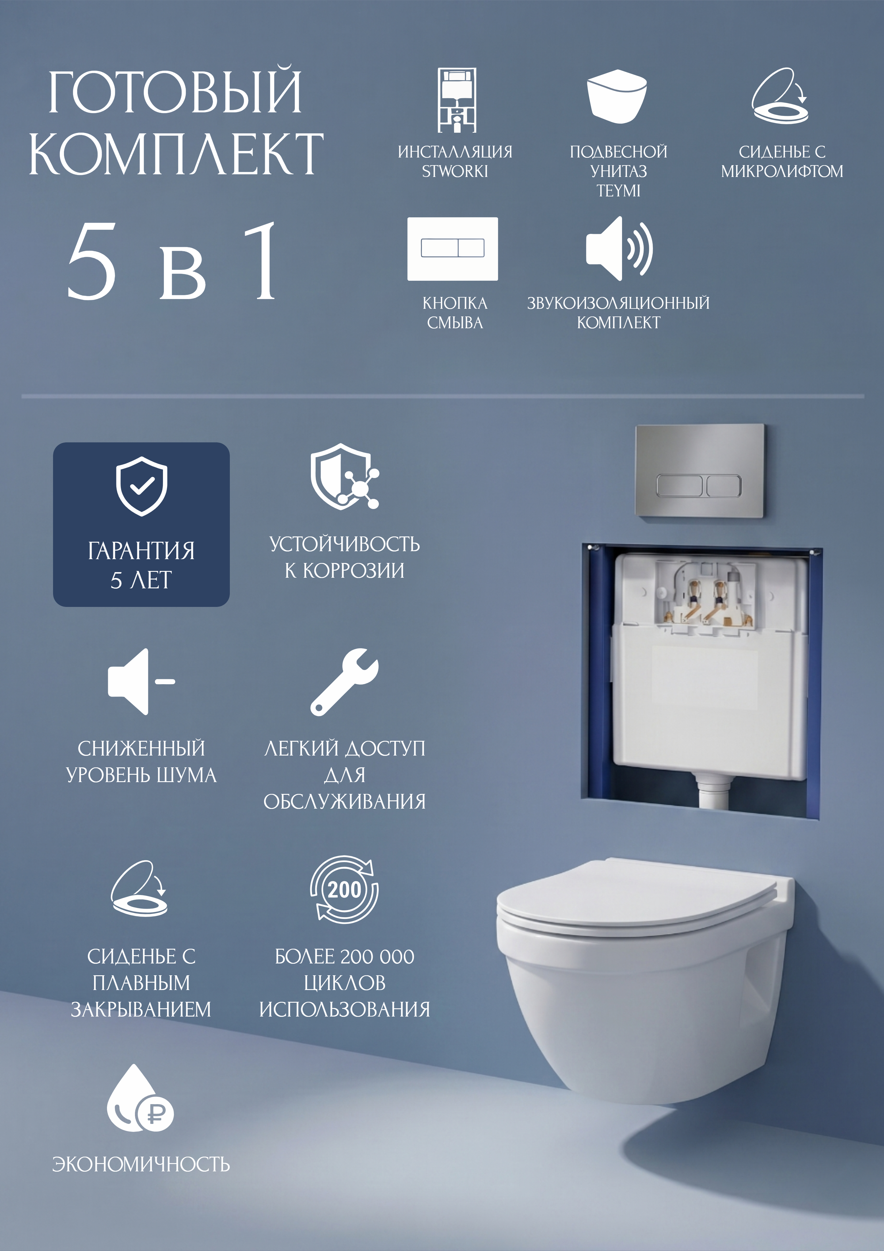 Комплект 5 в 1 Унитаз подвесной Teymi Vitra Pro T40806 + Инсталляция с кнопкой STWORKI Кронборг S28500CR + Крышка-сиденье + Комплект шумоизоляции