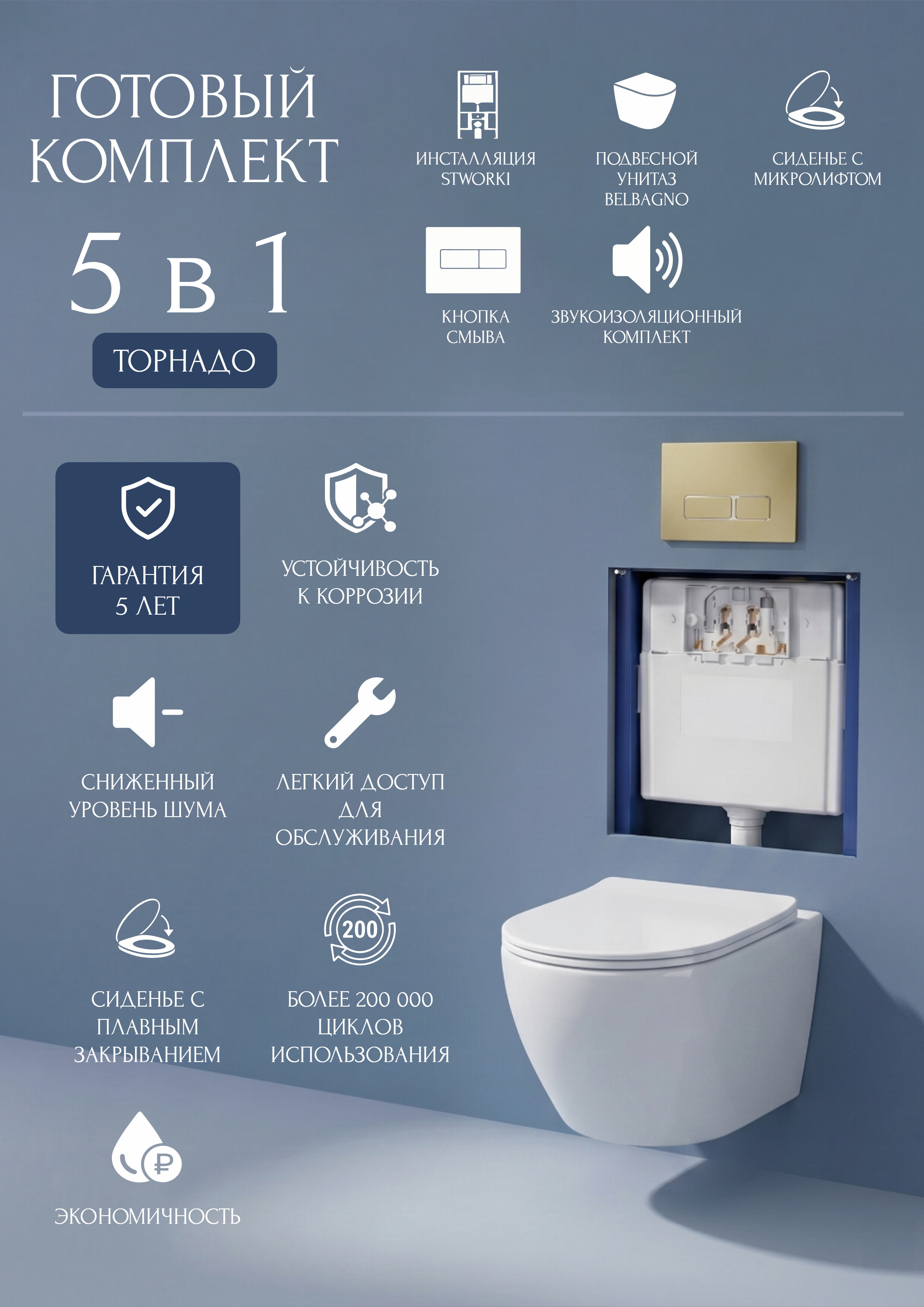 Комплект 5 в 1: Инсталляция STWORKI Кронборг S28500GM + Унитаз подвесной BelBagno Libero BB11051CH-TOR/SC + Комплект шумоизоляции + Кнопка матовая золотая