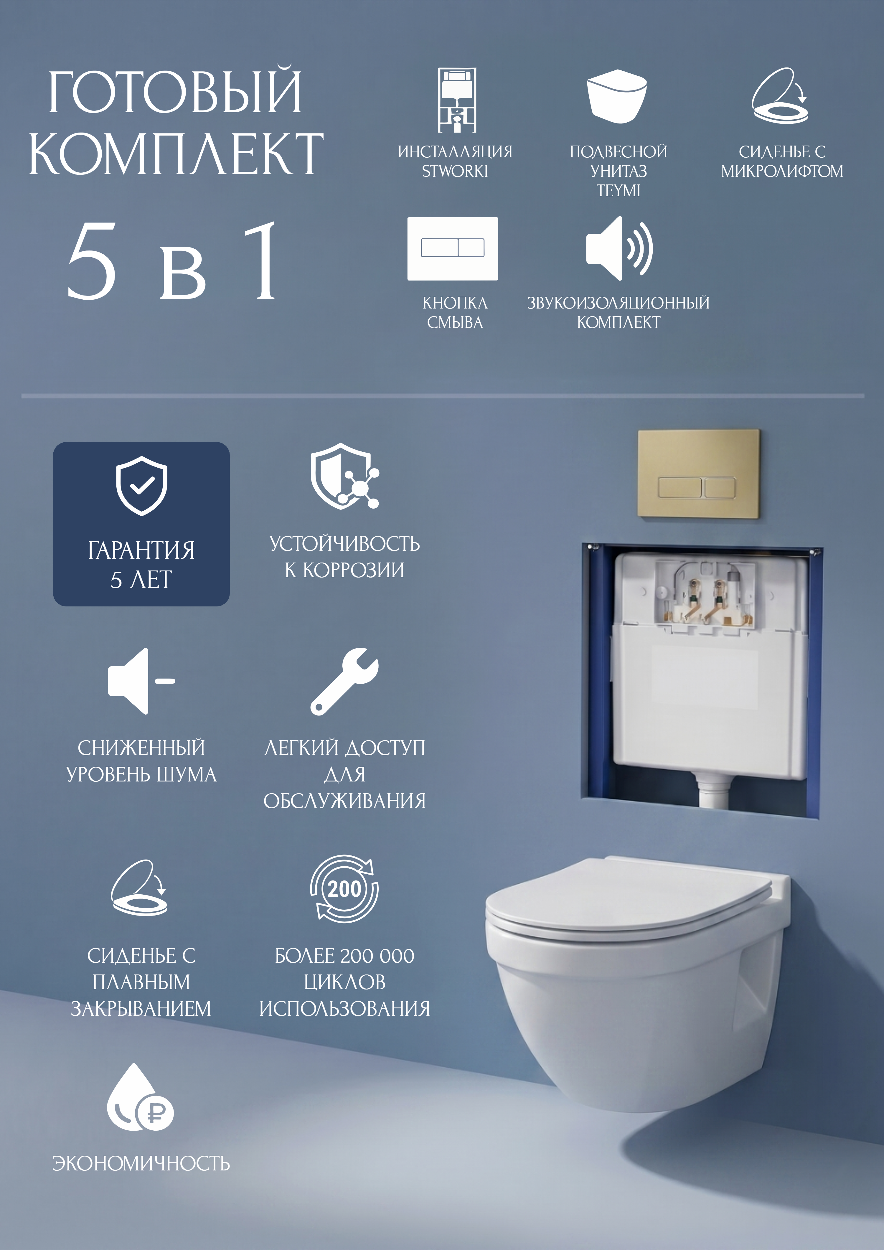 Комплект 5 в 1: Инсталляция STWORKI Кронборг S28500GM + Унитаз подвесной Teymi Vitra Pro T40806 + Комплект шумоизоляции + Кнопка матовая золотая