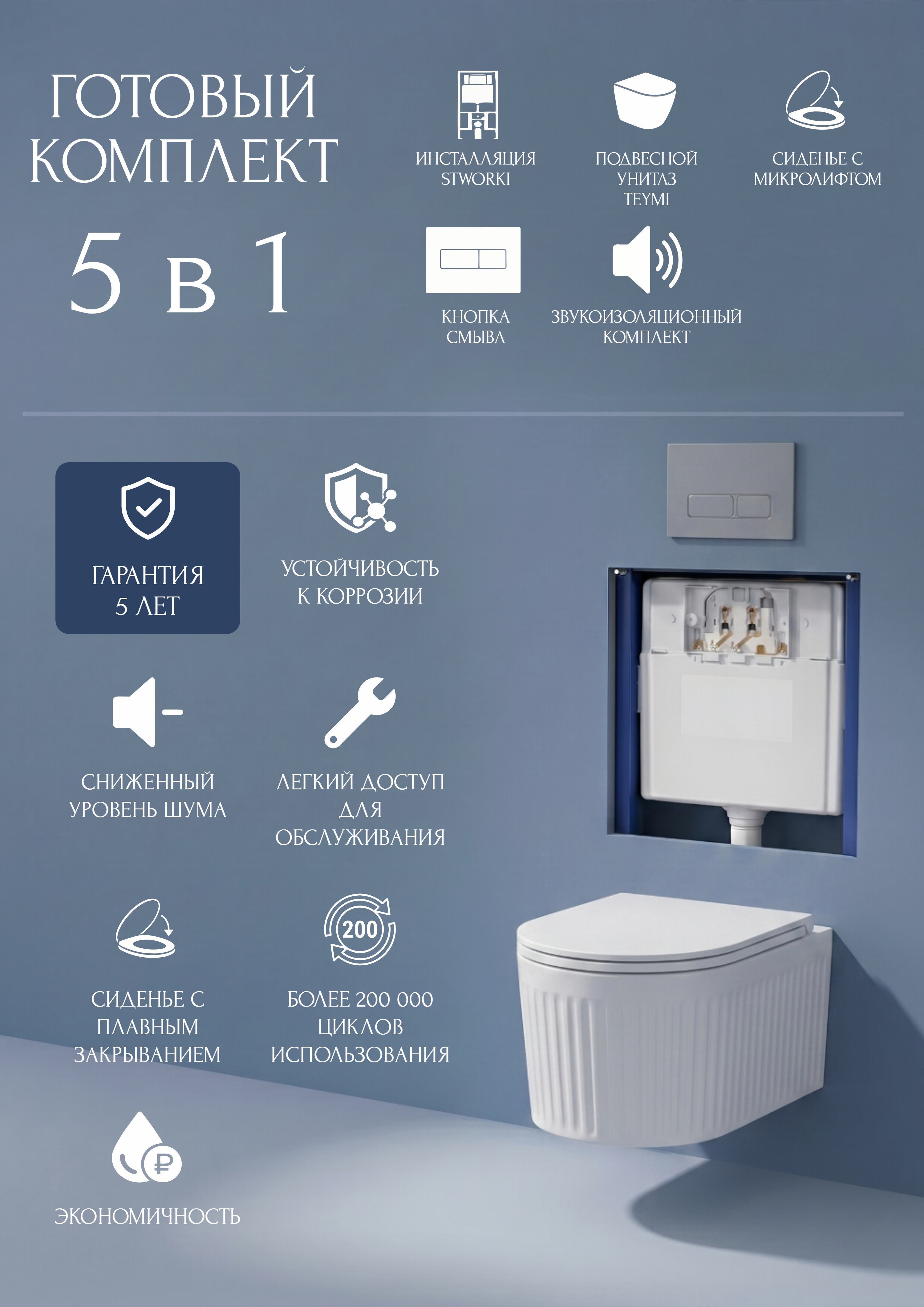Комплект 5 в 1 Унитаз подвесной Teymi Martta T42101 + Инсталляция с кнопкой STWORKI Кронборг S28500CR + Крышка-сиденье + Комплект шумоизоляции