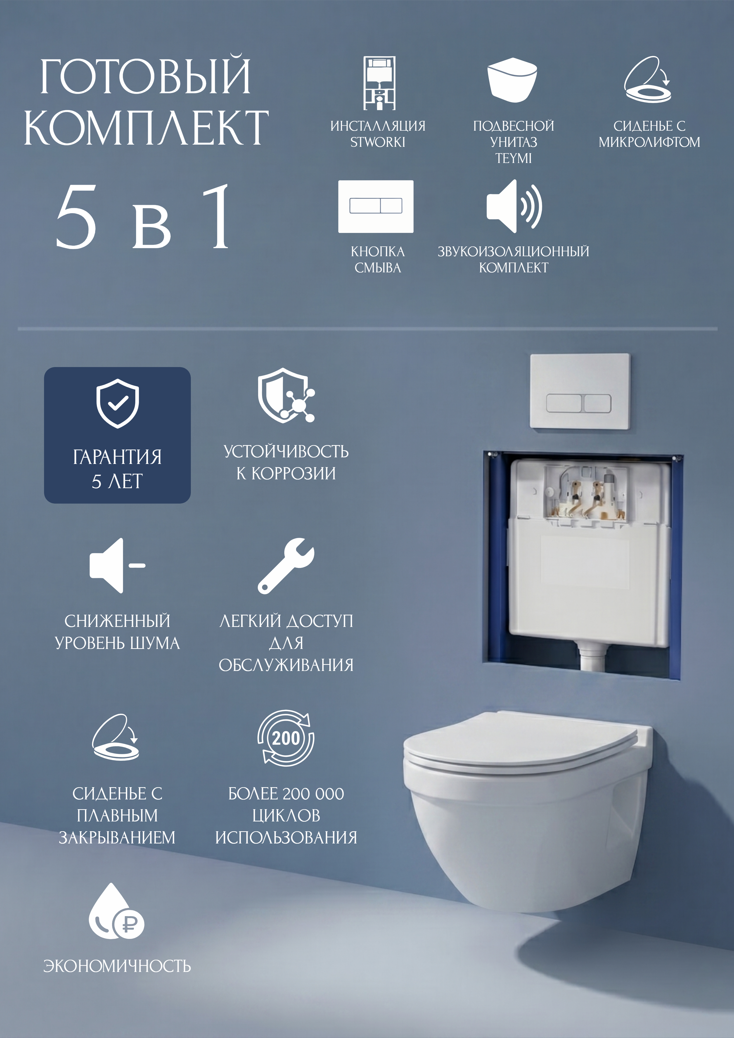 Комплект 5 в 1 Унитаз подвесной Teymi Vitra Pro T40806 + Инсталляция с кнопкой STWORKI Кронборг S28500WH + Крышка-сиденье + Комплект шумоизоляции