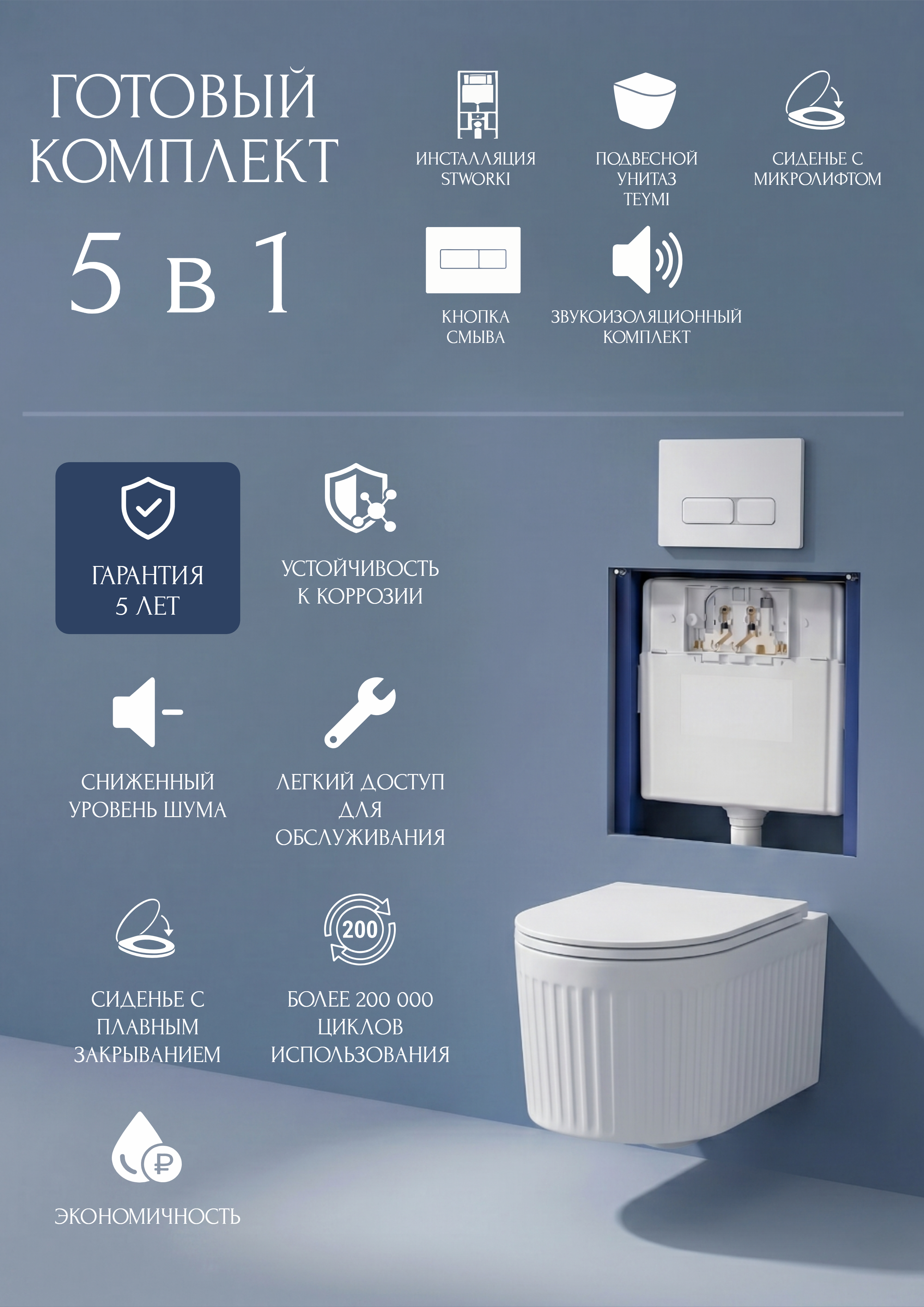 Комплект 5 в 1 Унитаз подвесной Teymi Martta T42101 + Инсталляция с кнопкой STWORKI Кронборг S28500WH + Крышка-сиденье + Комплект шумоизоляции