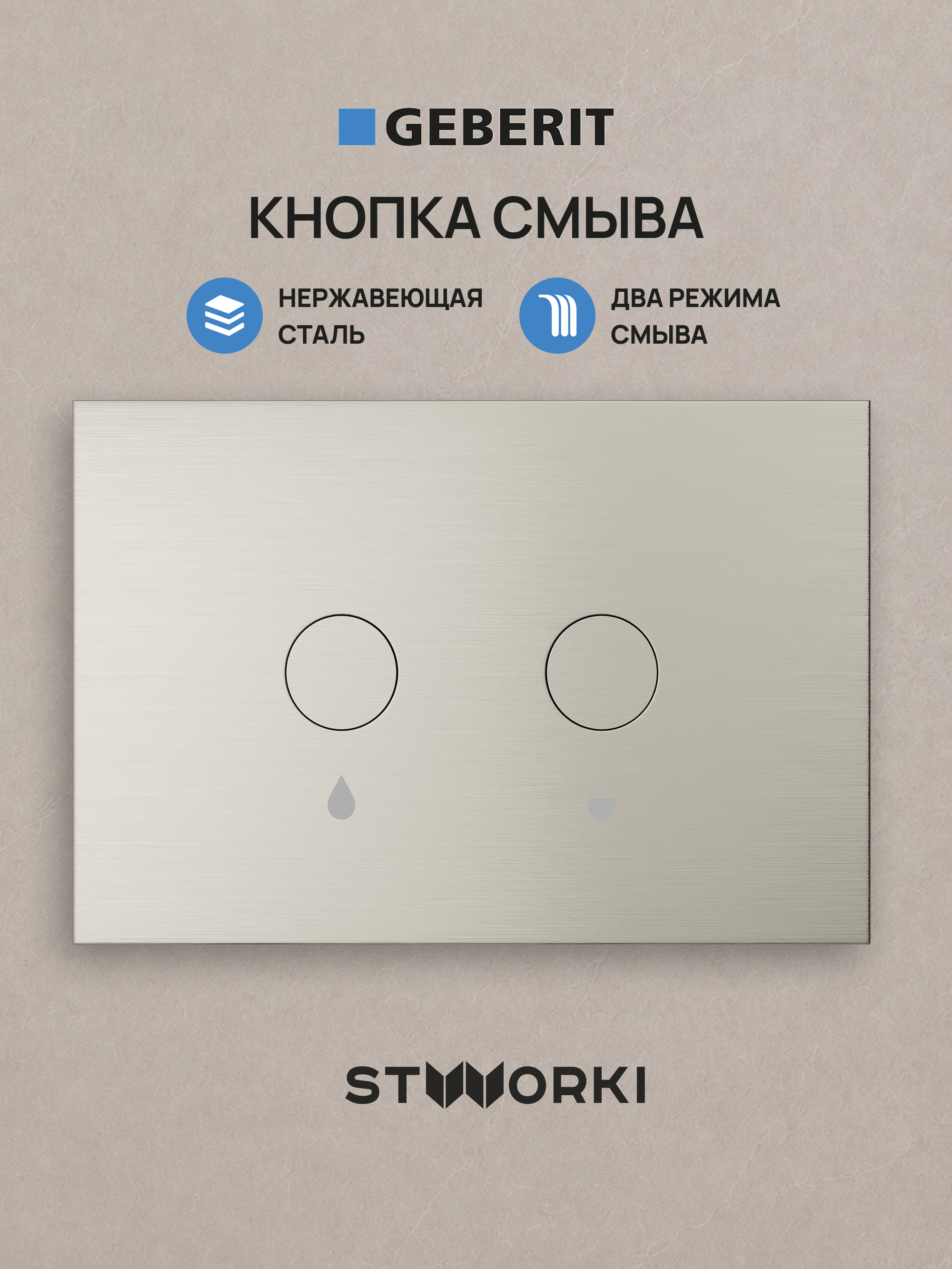 Кнопка смыва для инсталляции STWORKI S510000 / Geberit Duofix UP 320 111.300.00.5 STWORKI S51502NI нержавеющая сталь, цвет брашированный никель