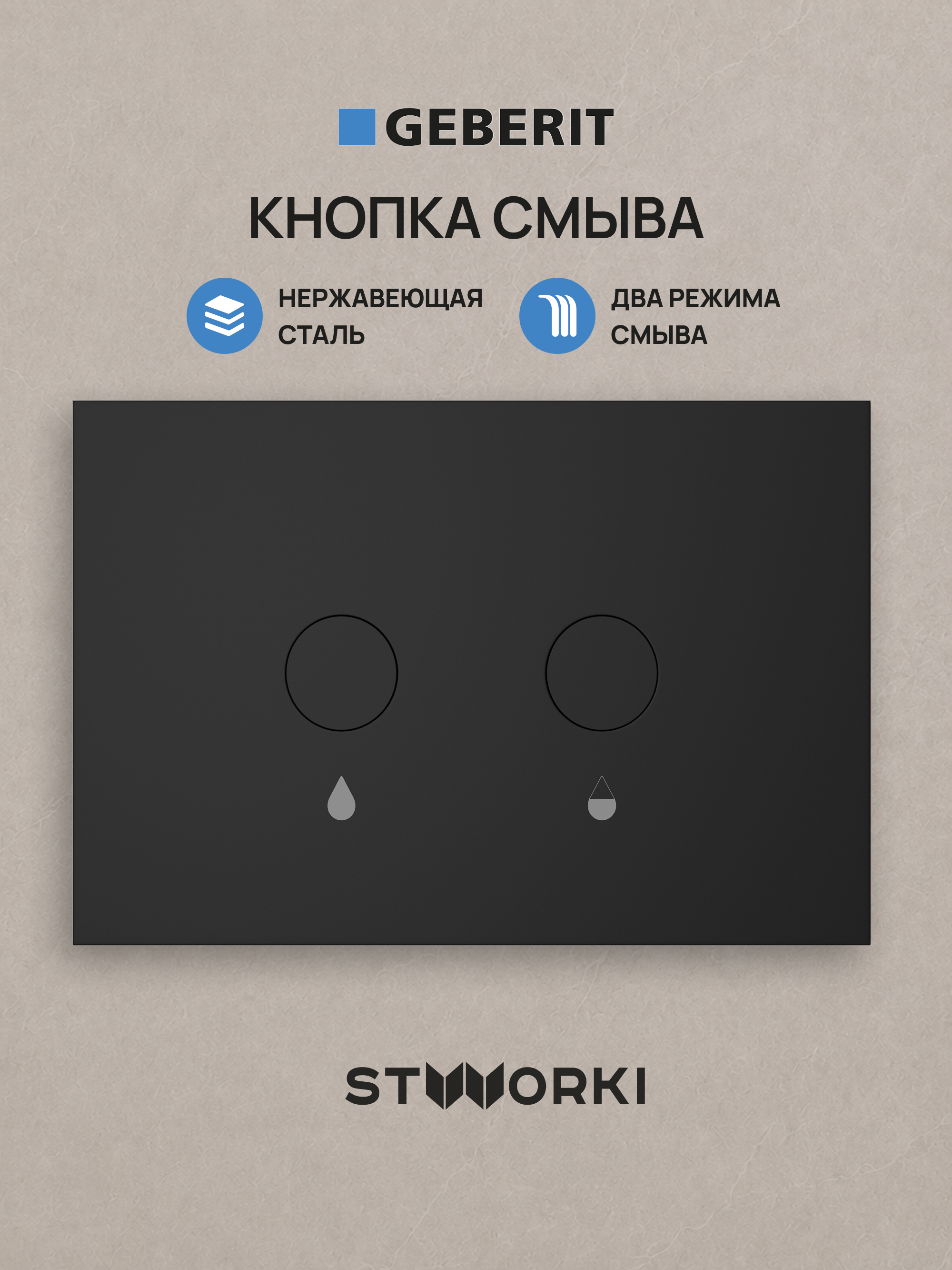 Кнопка смыва для инсталляции STWORKI S510000 / Geberit Duofix UP 320 111.300.00.5 STWORKI S51502BK нержавеющая сталь, цвет матовый черный