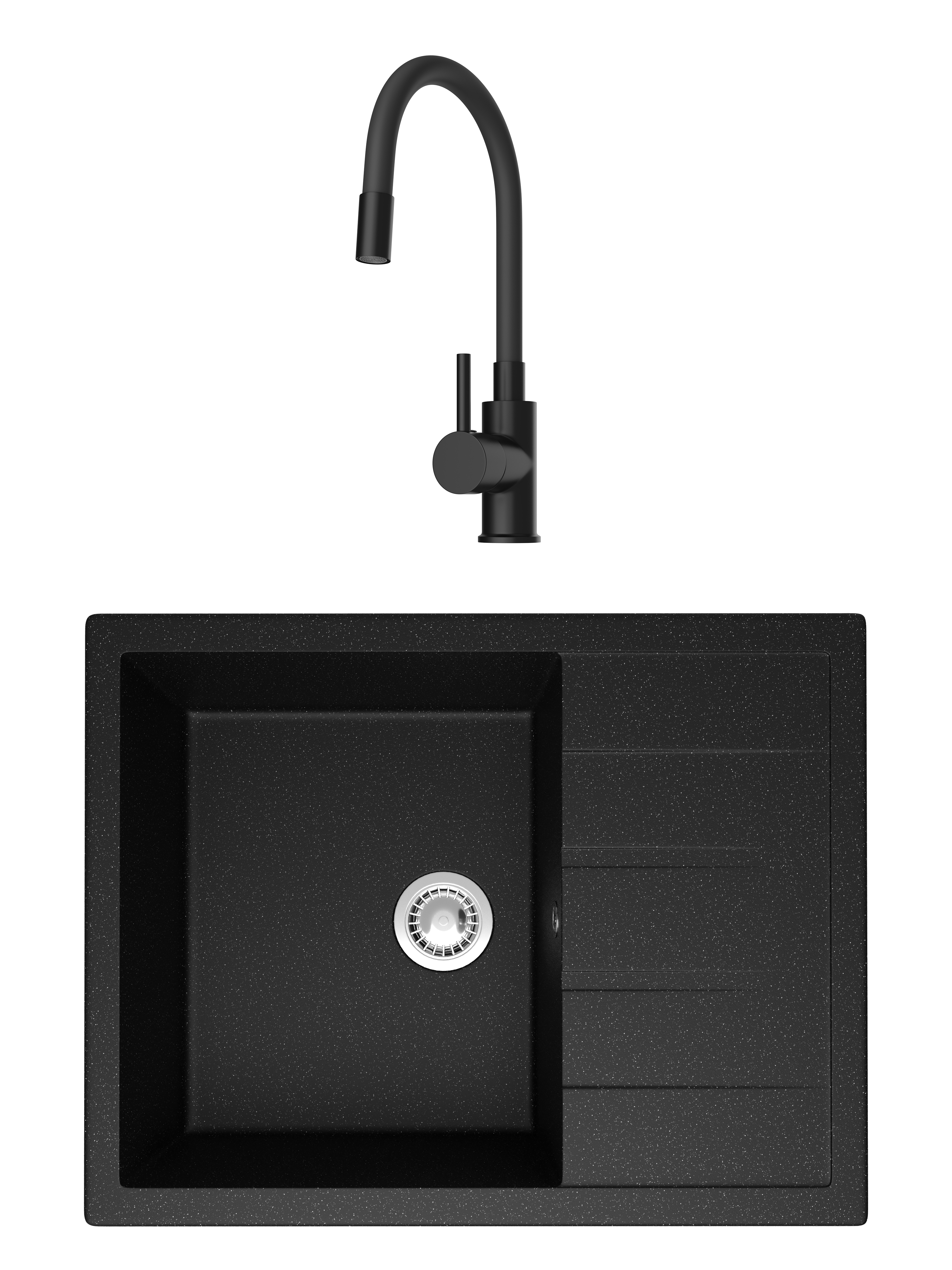 Комплект Мойка Domaci Болонья М-151-002 64x50, черная, искусственный мрамор + Смеситель Равенна DMC01150BK, с гибким изливом, матовый черный