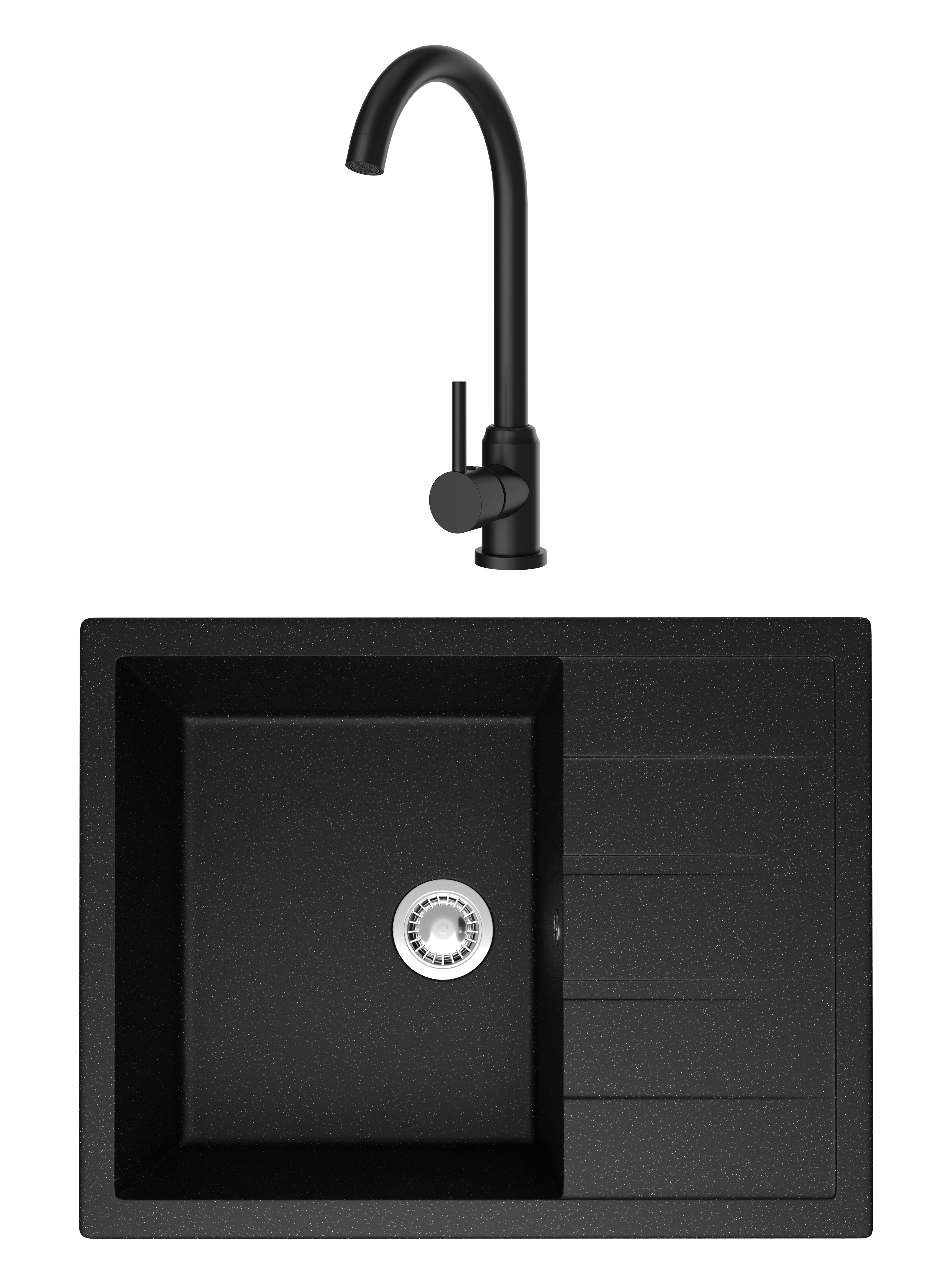 Комплект Мойка Domaci Болонья М-151-002 64x50, черная, искусственный мрамор + Смеситель Ливорно DMC02000BK, матовый черный