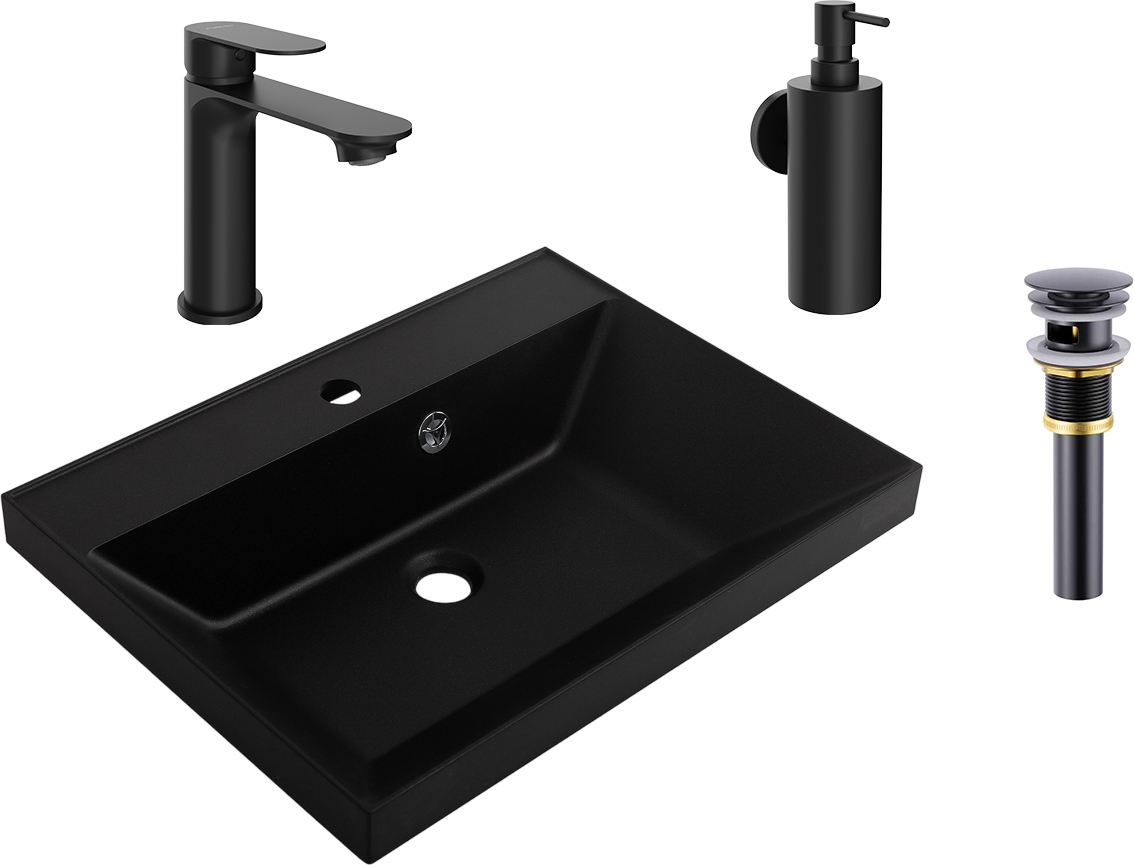 Комплект 4 в 1 Смеситель STWORKI Вестфолл S08010BK, матовый черный + Раковина BelBagno BB600/450-LV-ART-AST-NERO 60 матовая черная + Донный клапан SW-001BK матовый черный + Дозатор Киркенес S45320BK настенный, матовый черный