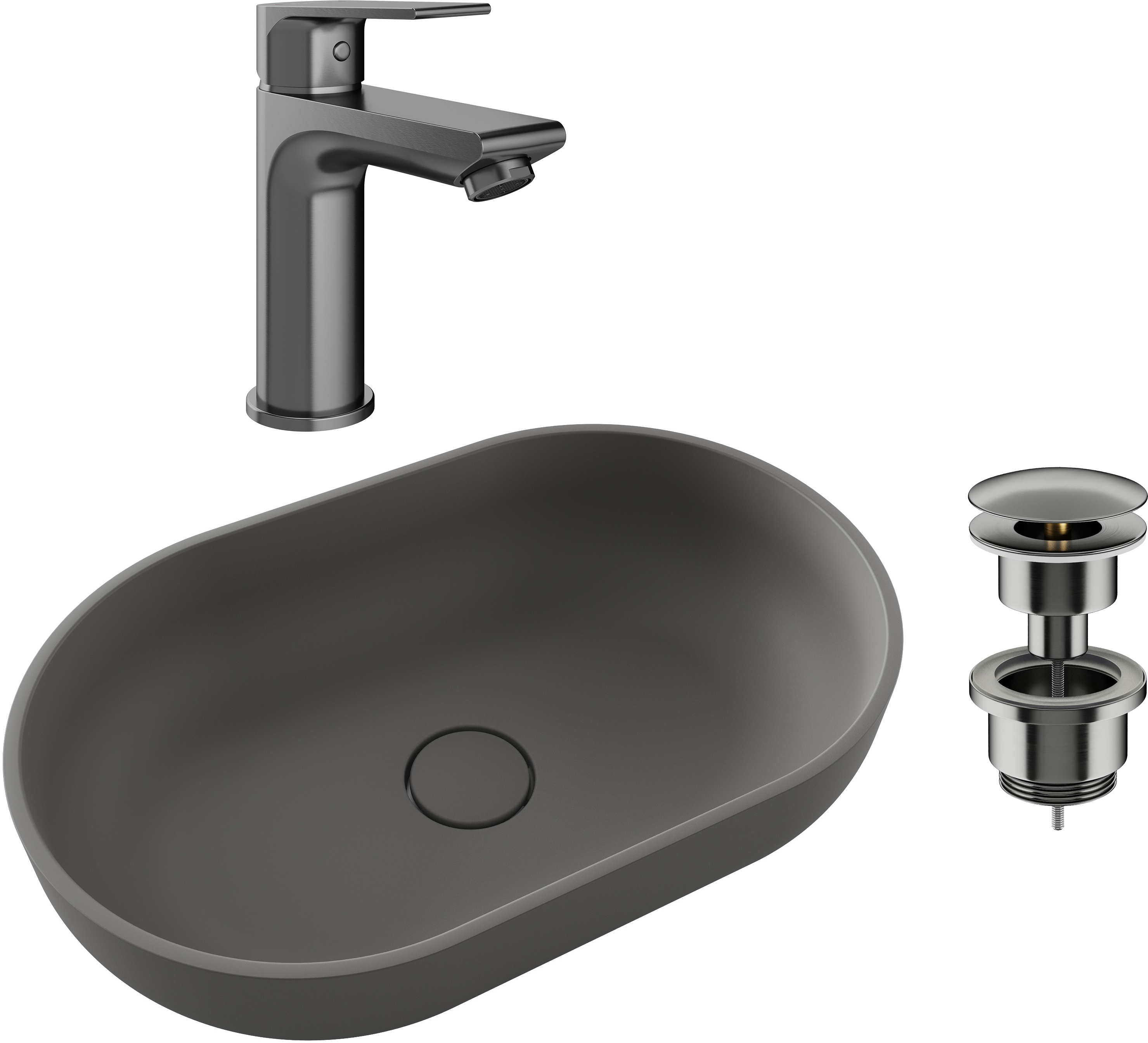Комплект 3 в 1 Смеситель STWORKI Готланд S13010GB, вороненая сталь + Донный клапан Ceramicanova + Накладная раковина Florentina Асти 5535