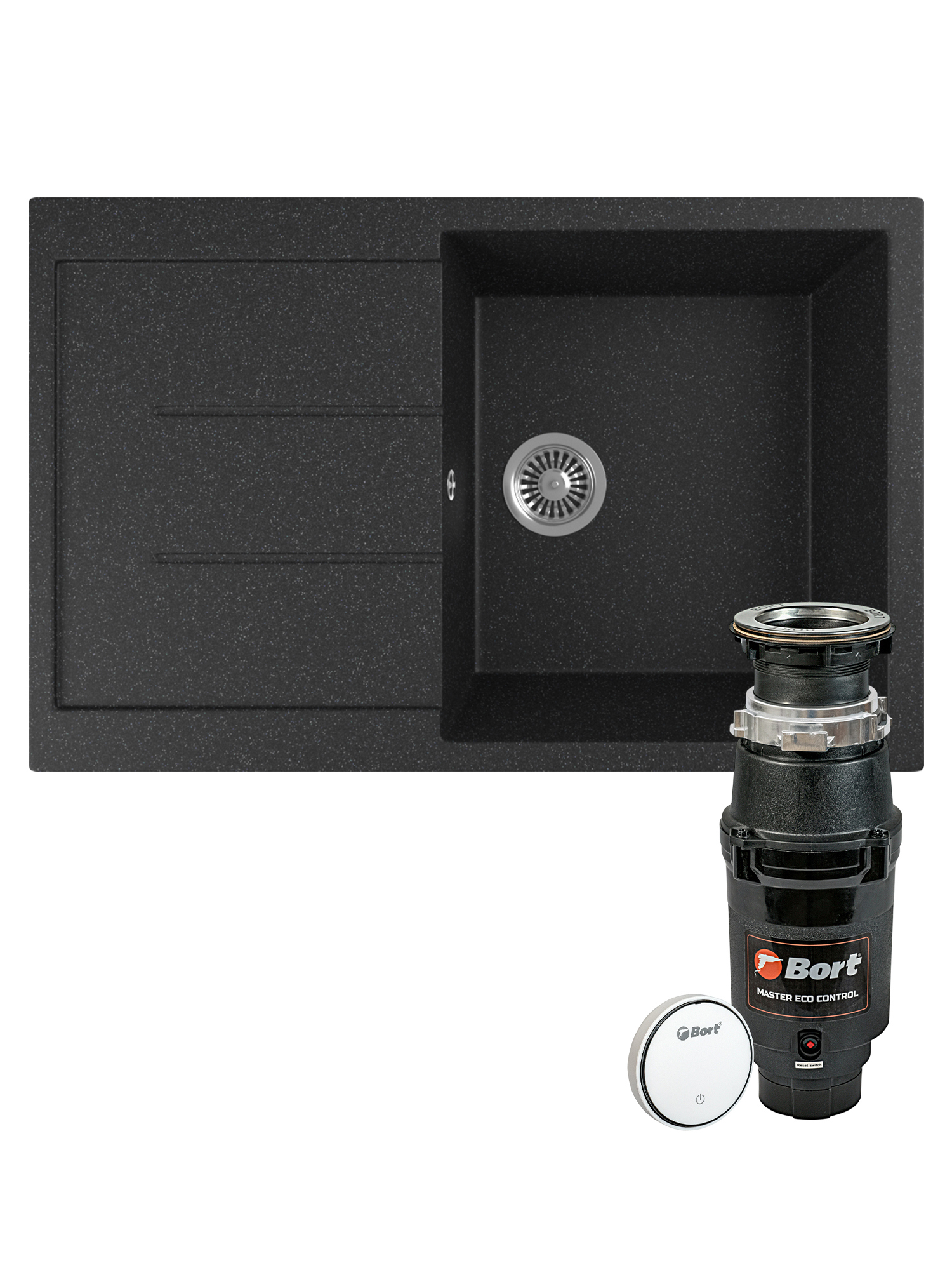 Комплект Мойка Domaci Бьелла M-GS14-BL 75x50, черная, искусственный мрамор + Измельчитель Bort Master Eco Control электрический, нержавеющая сталь