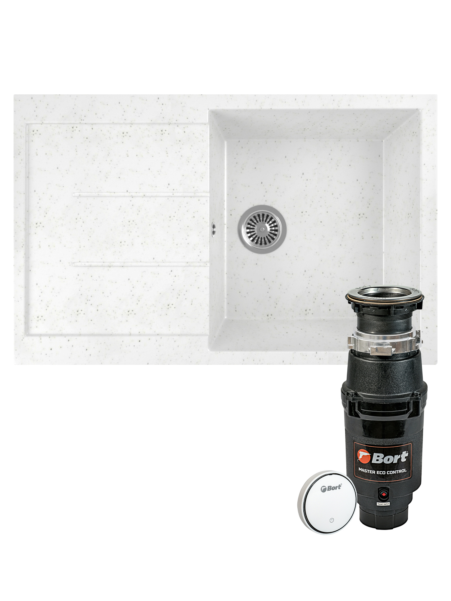 Комплект Мойка Domaci Бьелла M-GS14-W 75x50, белая, искусственный мрамор + Измельчитель Bort Master Eco Control электрический, нержавеющая сталь