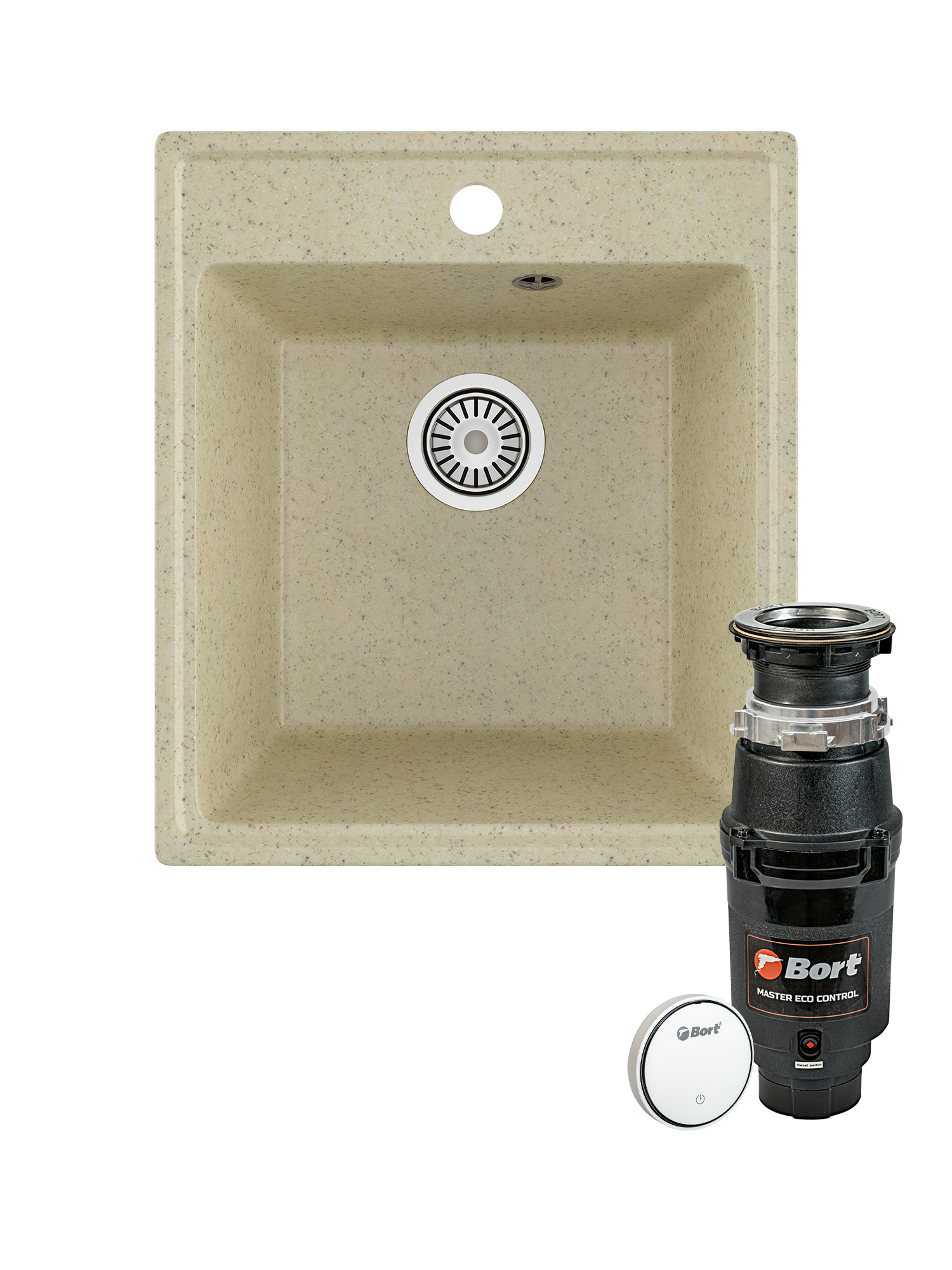 Комплект Мойка Domaci Палермо PR-425-002 42x48, бежевая, искусственный мрамор + Измельчитель Bort Master Eco Control электрический, нержавеющая сталь