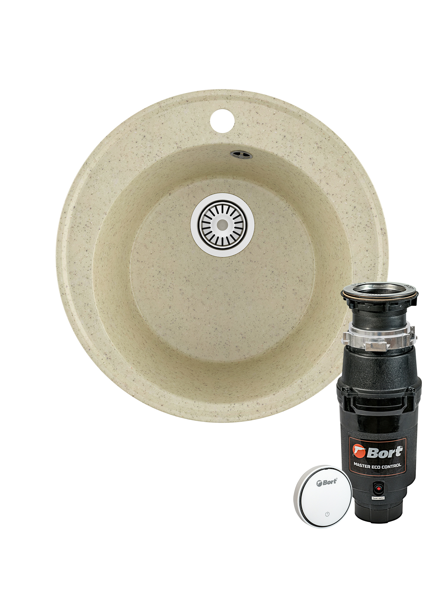 Комплект Мойка Domaci Палермо PR-475-002 47x47, бежевая, искусственный мрамор + Измельчитель Bort Master Eco Control электрический, нержавеющая сталь
