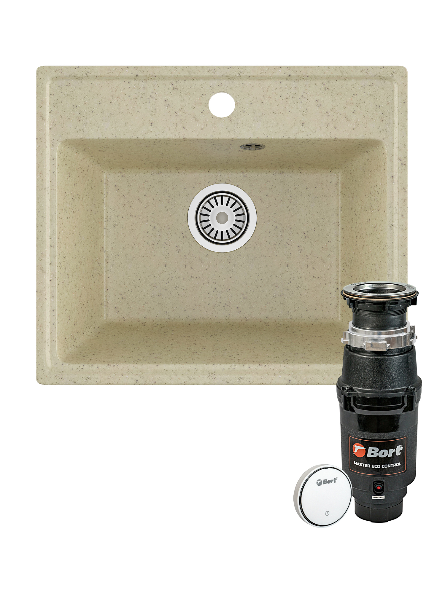 Комплект Мойка Domaci Палермо PR-490-002 49x42, бежевая, искусственный мрамор + Измельчитель Bort Master Eco Control электрический, нержавеющая сталь