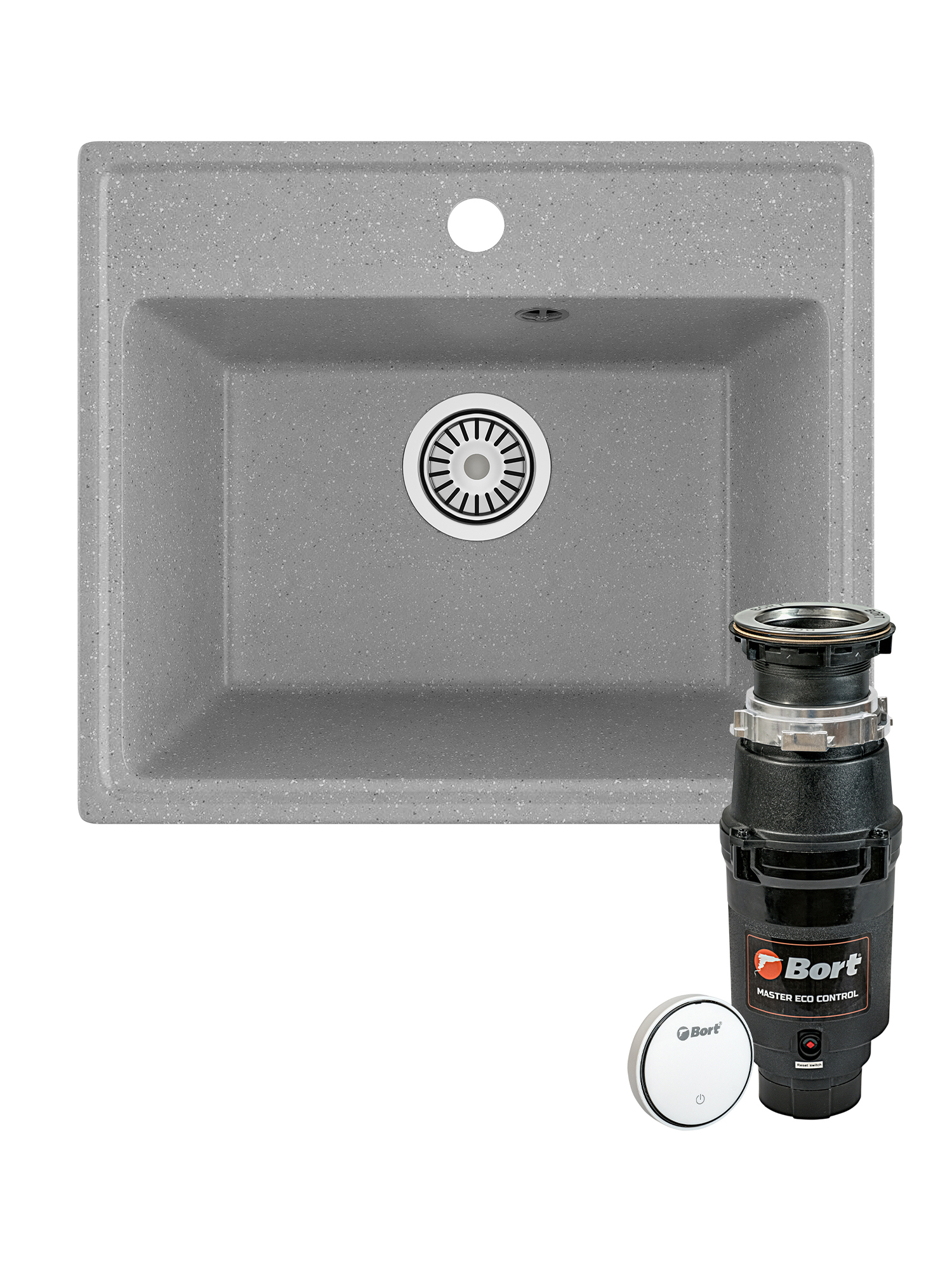 Комплект Мойка Domaci Палермо PR-490-003 49x42, серая, искусственный мрамор + Измельчитель Bort Master Eco Control электрический, нержавеющая сталь