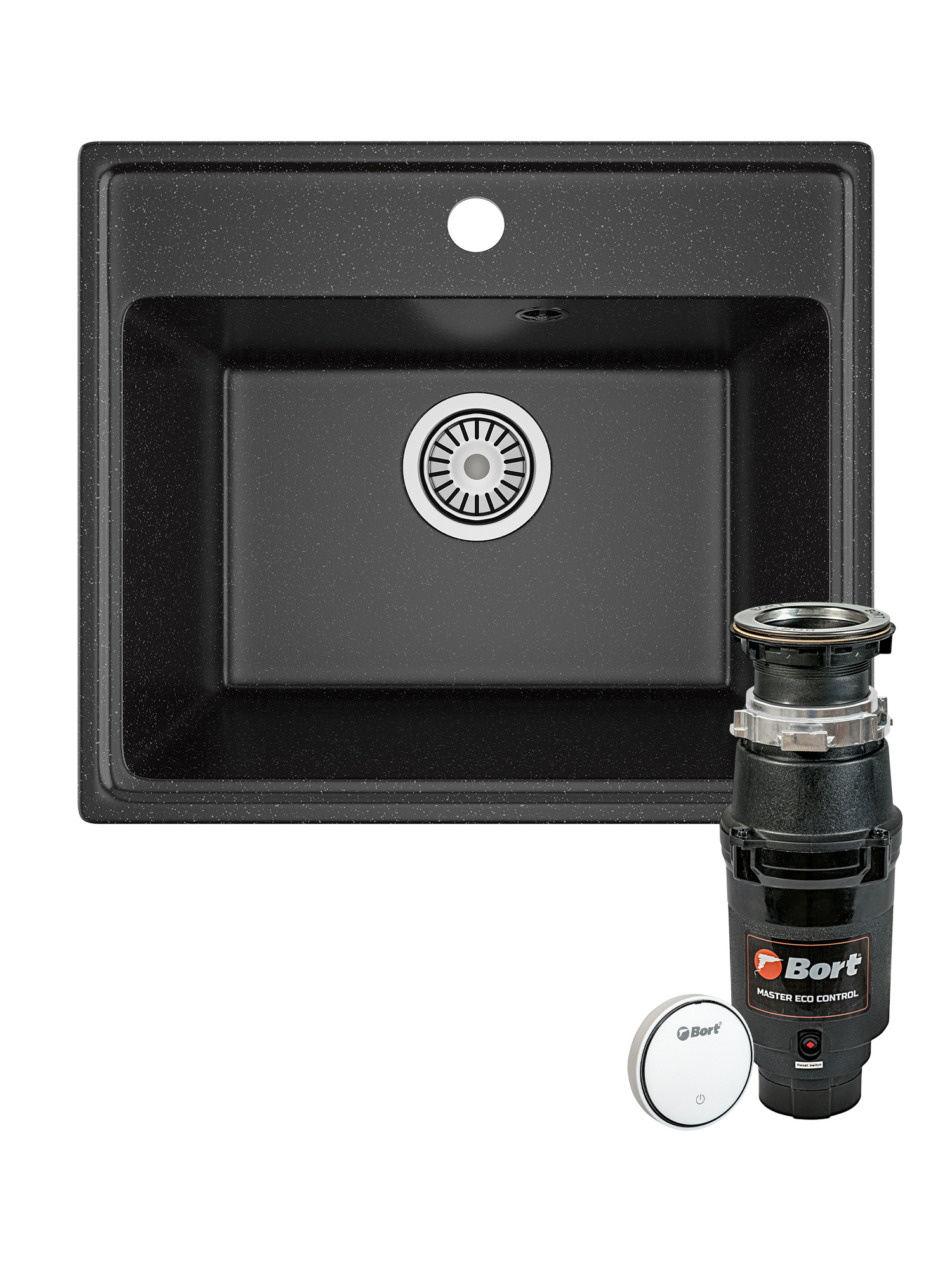 Комплект Мойка Domaci Палермо PR-490-004 49x42, черная, искусственный мрамор + Измельчитель Bort Master Eco Control электрический, нержавеющая сталь