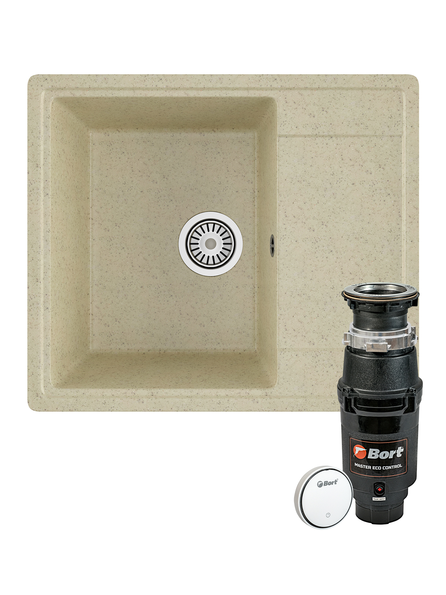 Комплект Мойка Domaci Палермо PR-575-002 57x49, бежевая, искусственный мрамор + Измельчитель Bort Master Eco Control электрический, нержавеющая сталь