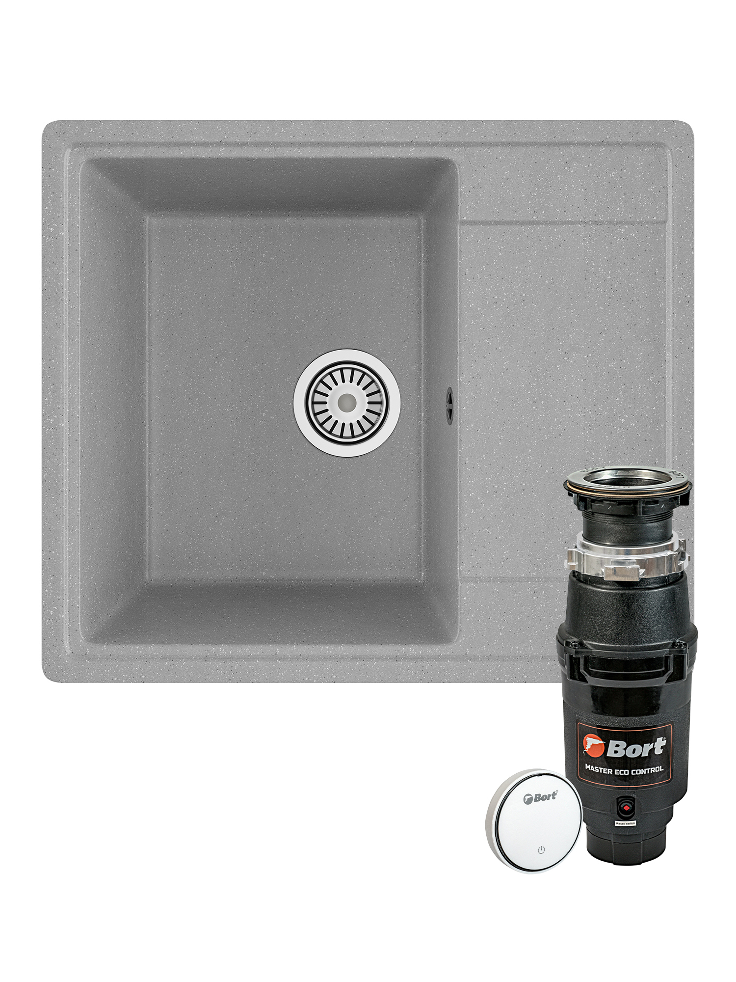Комплект Мойка Domaci Палермо PR-575-003 57x49, серая, искусственный мрамор + Измельчитель Bort Master Eco Control электрический, нержавеющая сталь