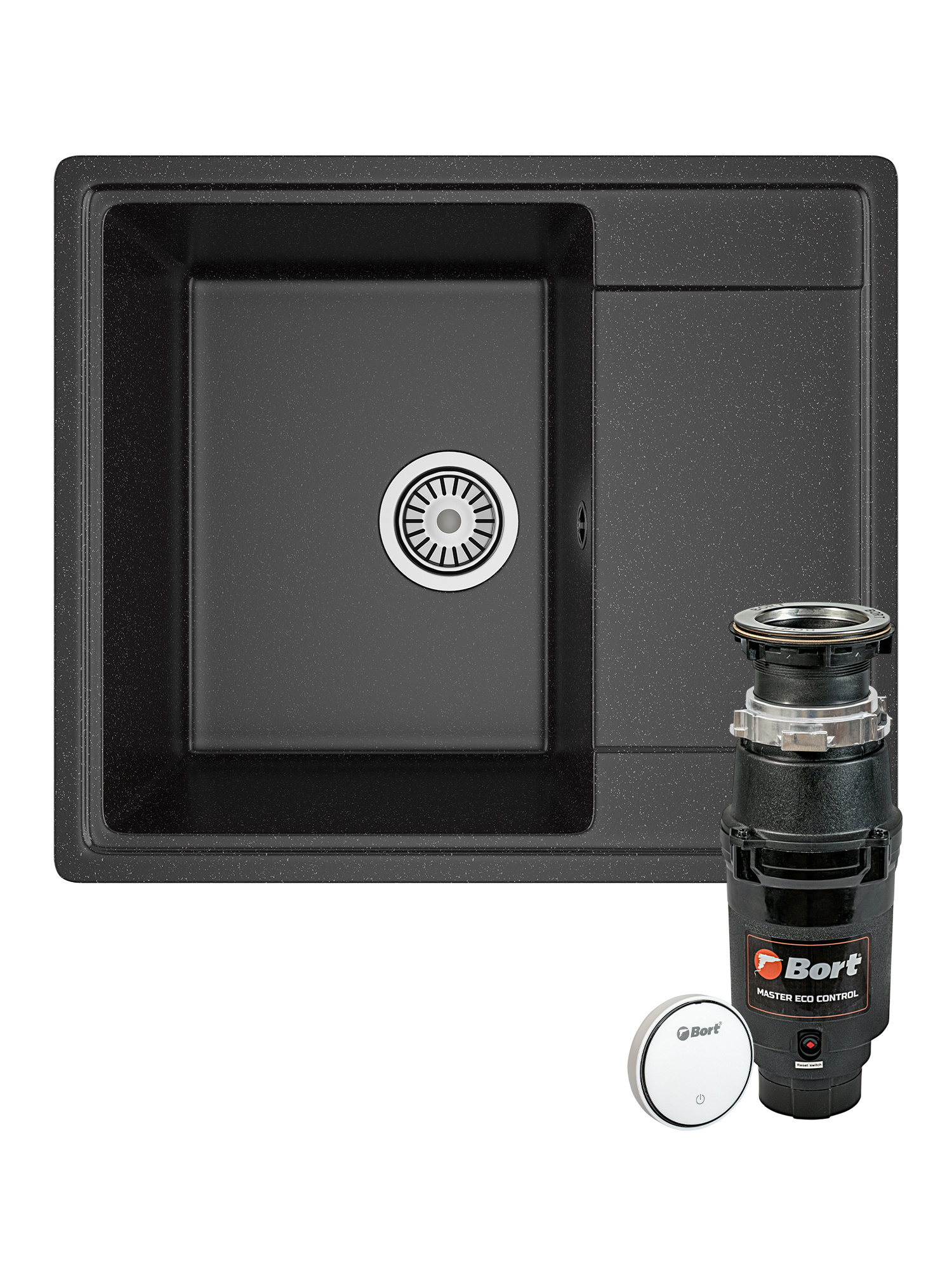 Комплект Мойка Domaci Палермо PR-575-004 57x49, черная, искусственный мрамор + Измельчитель Bort Master Eco Control электрический, нержавеющая сталь