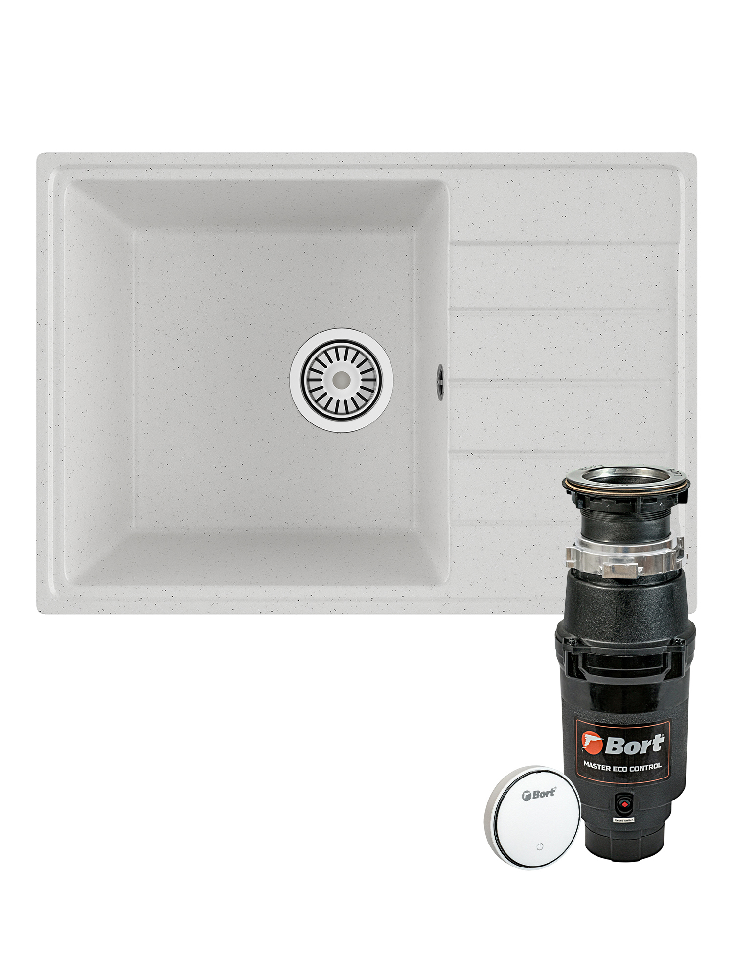 Комплект Мойка Domaci Палермо PR-600-001 60x42, белая, искусственный мрамор + Измельчитель Bort Master Eco Control электрический, нержавеющая сталь