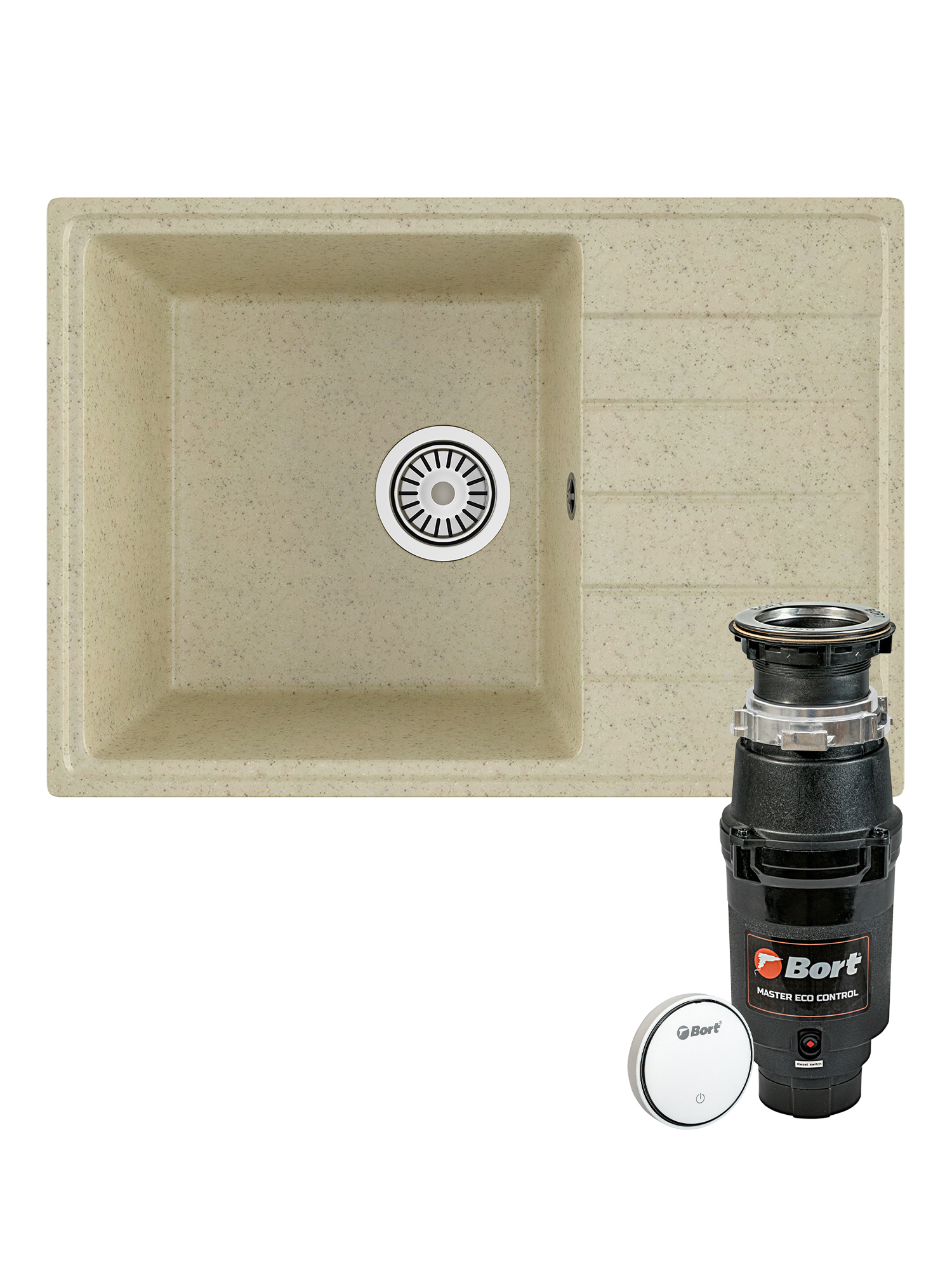 Комплект Мойка Domaci Палермо PR-600-002 60x42, бежевая, искусственный мрамор + Измельчитель Bort Master Eco Control электрический, нержавеющая сталь