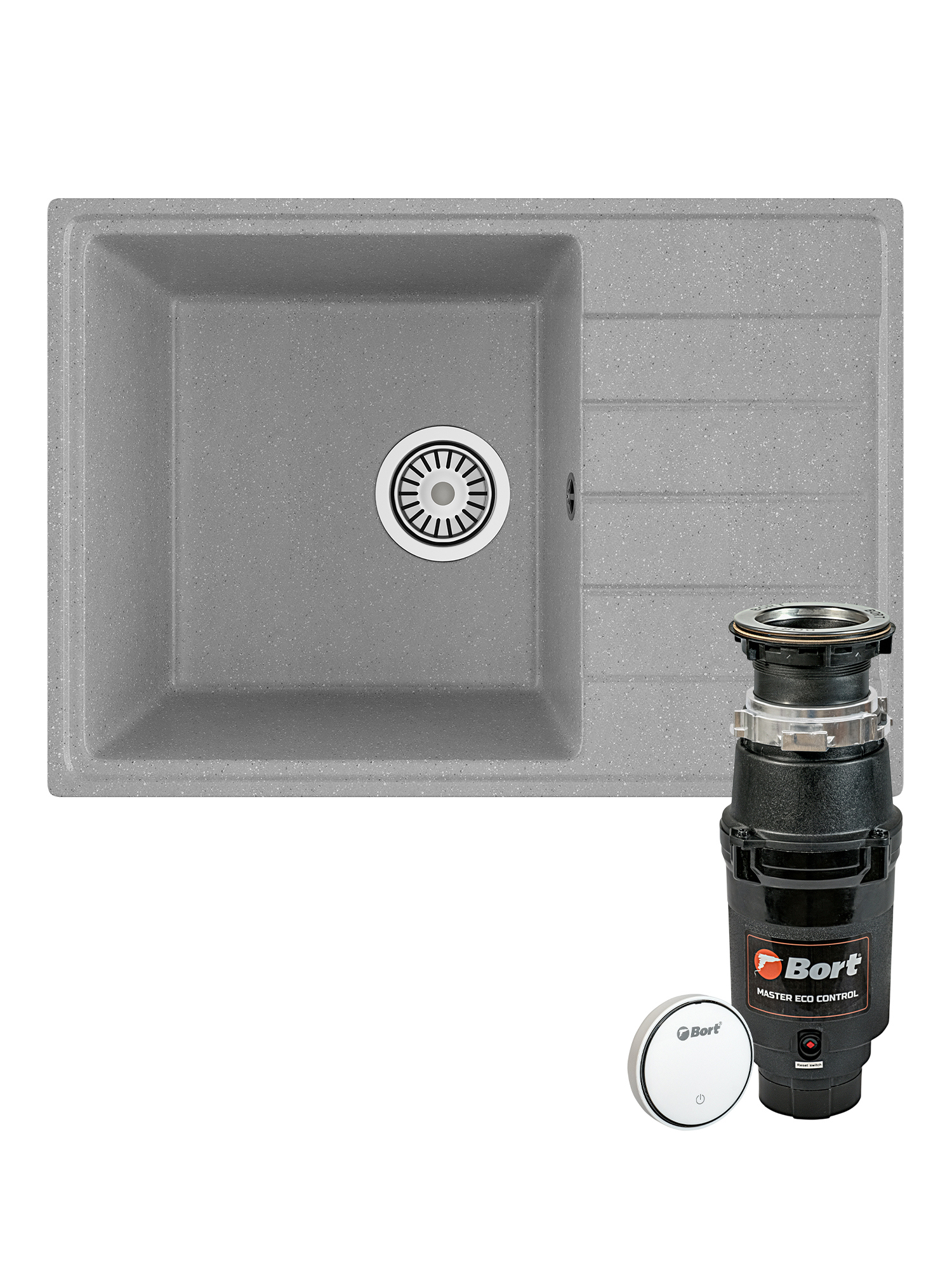 Комплект Мойка Domaci Палермо PR-600-003 60x42, серая, искусственный мрамор + Измельчитель Bort Master Eco Control электрический, нержавеющая сталь