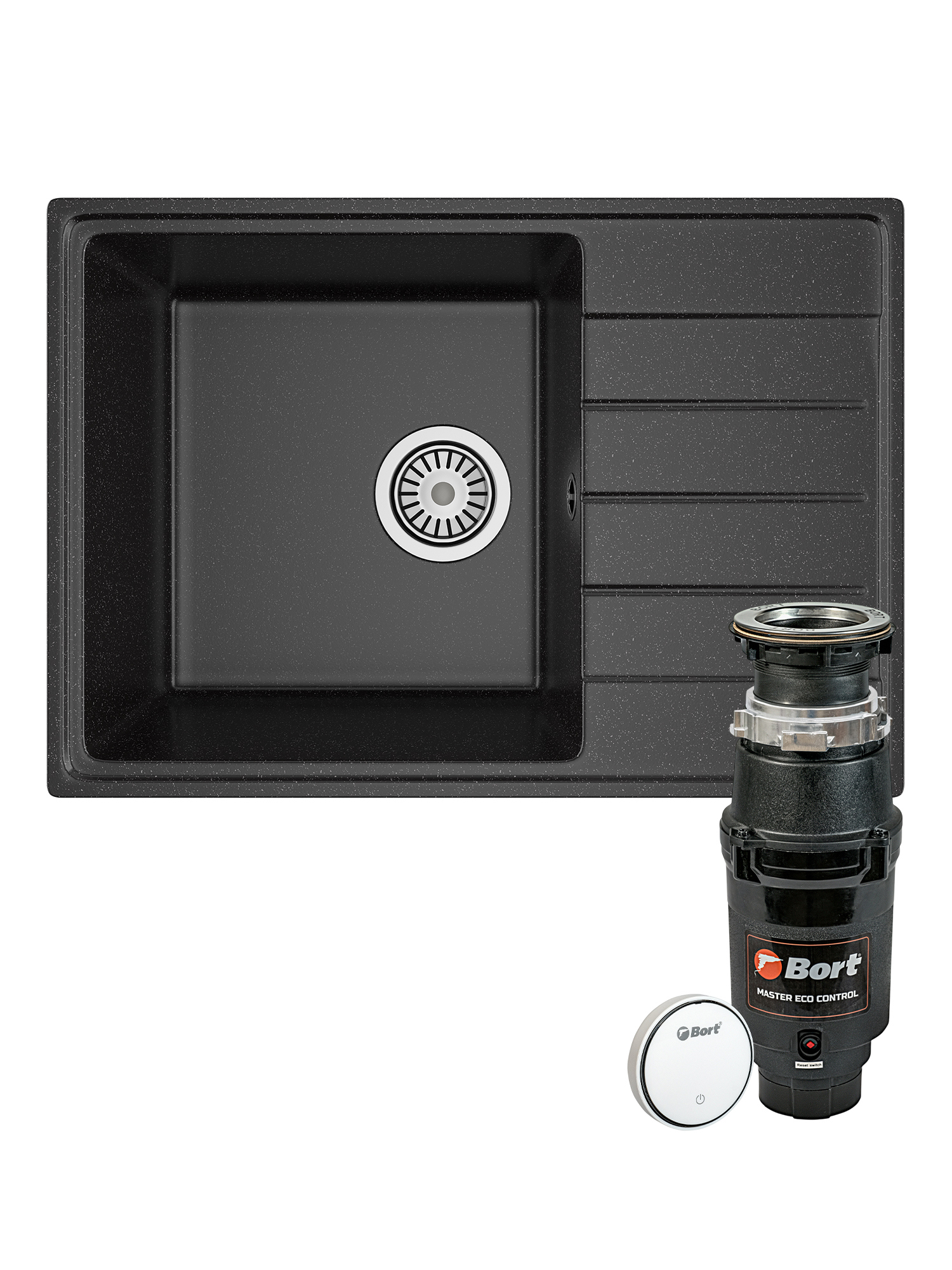 Комплект Мойка Domaci Палермо PR-600-004 60x42, черная, искусственный мрамор + Измельчитель Bort Master Eco Control электрический, нержавеющая сталь