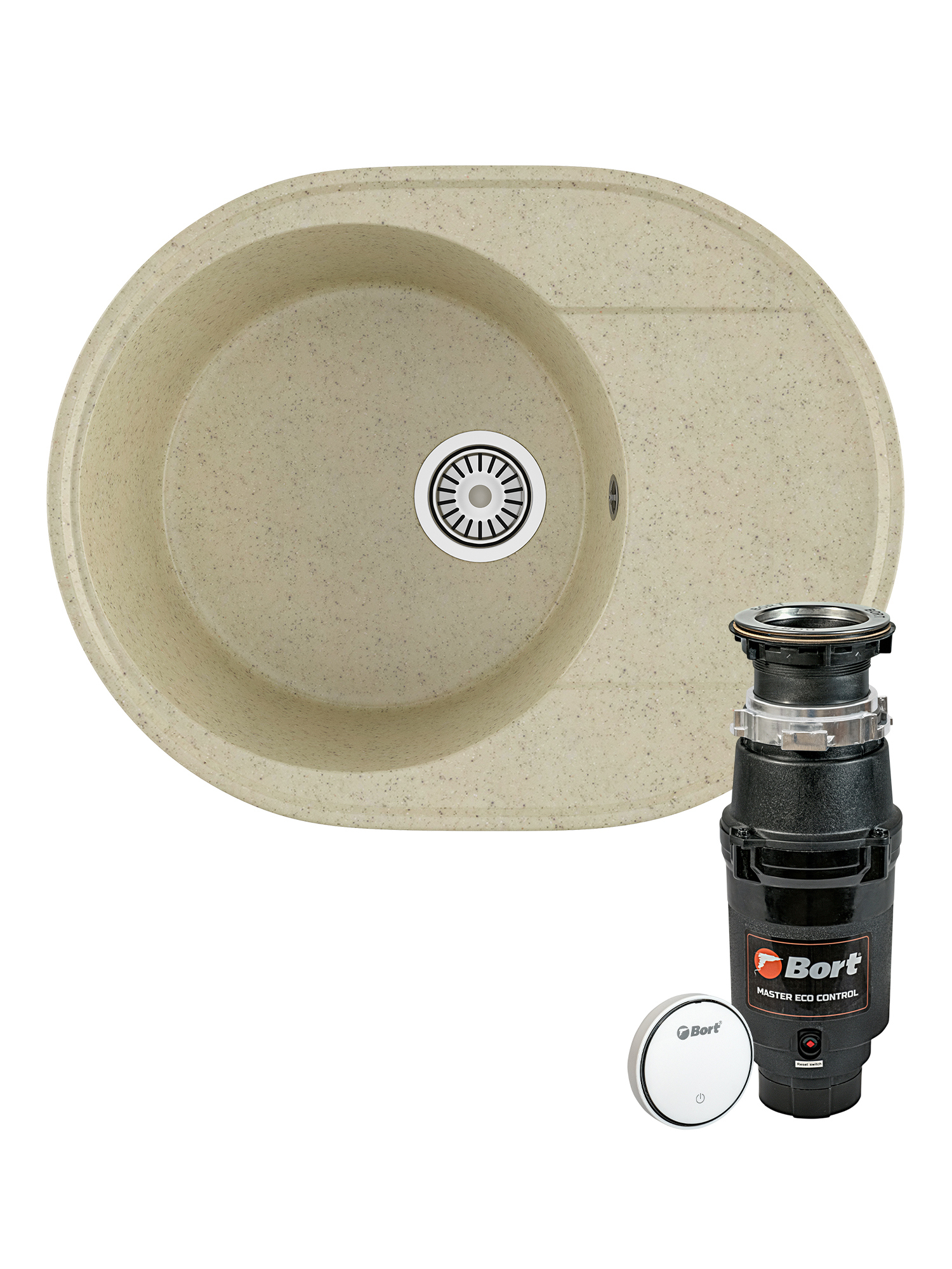 Комплект Мойка Domaci Палермо PR-610-002 61x47, бежевая, искусственный мрамор + Измельчитель Bort Master Eco Control электрический, нержавеющая сталь