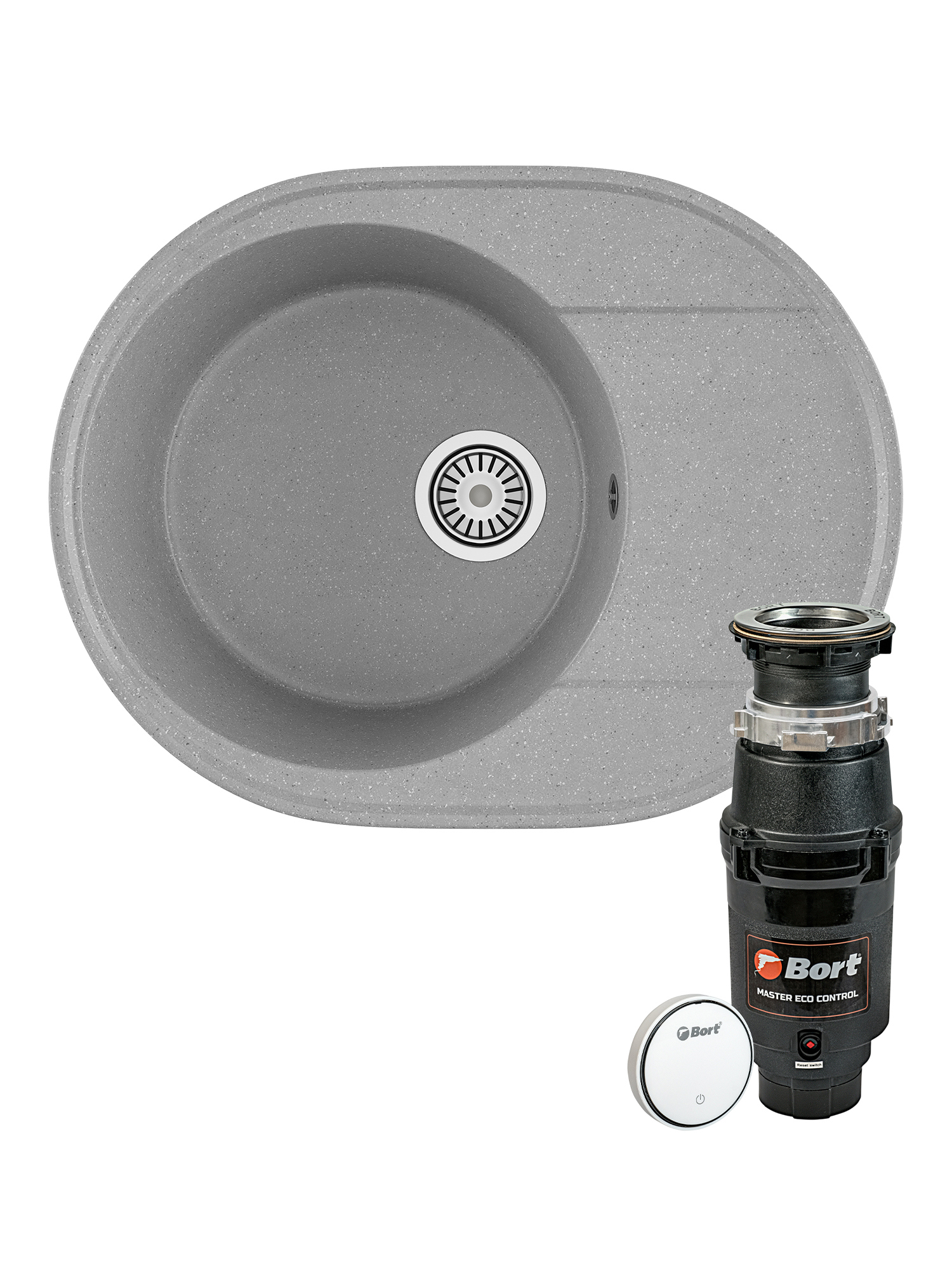 Комплект Мойка Domaci Палермо PR-610-003 61x47, серая, искусственный мрамор + Измельчитель Bort Master Eco Control электрический, нержавеющая сталь