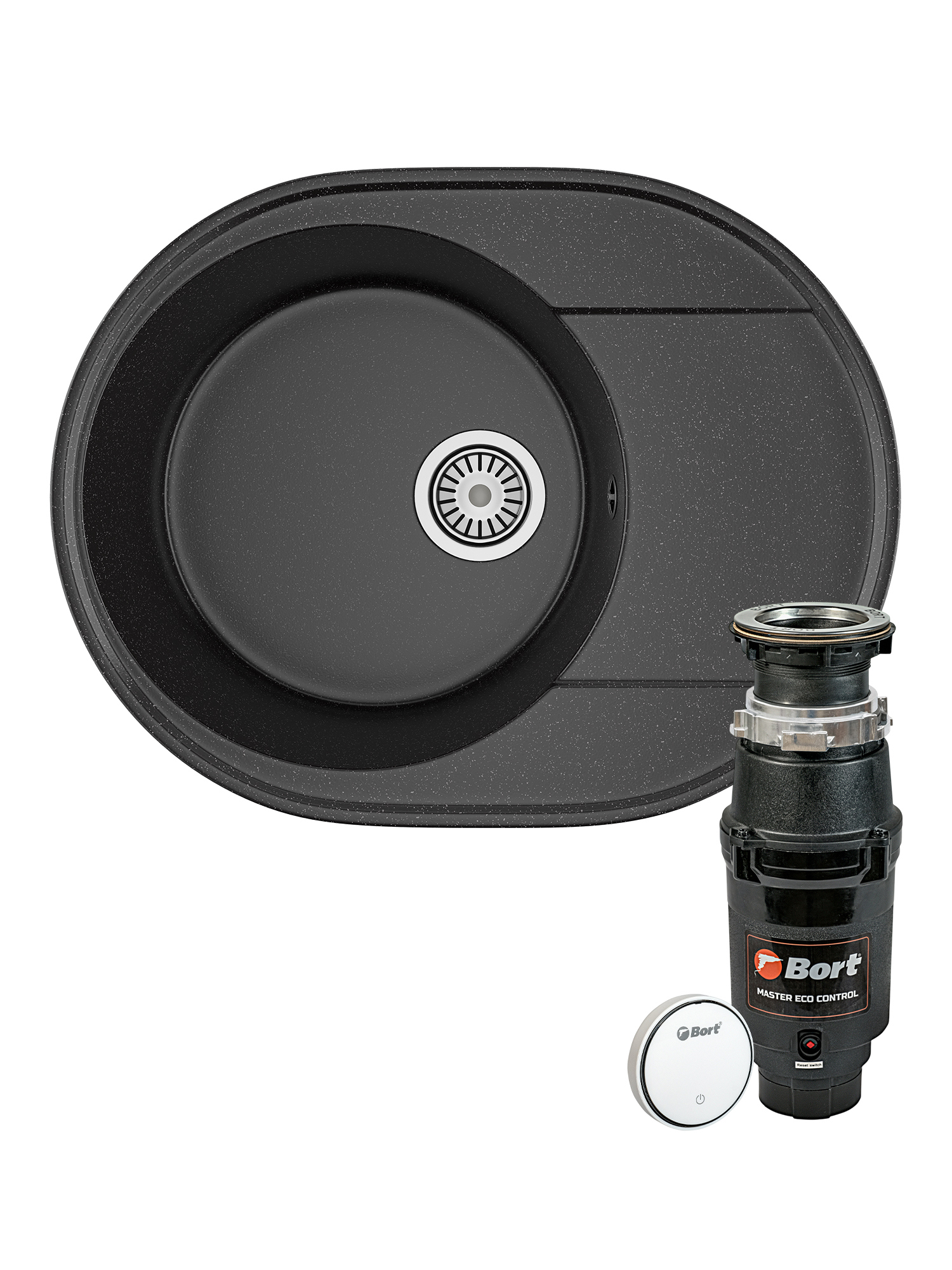 Комплект Мойка Domaci Палермо PR-610-004 61x47, черная, искусственный мрамор + Измельчитель Bort Master Eco Control электрический, нержавеющая сталь