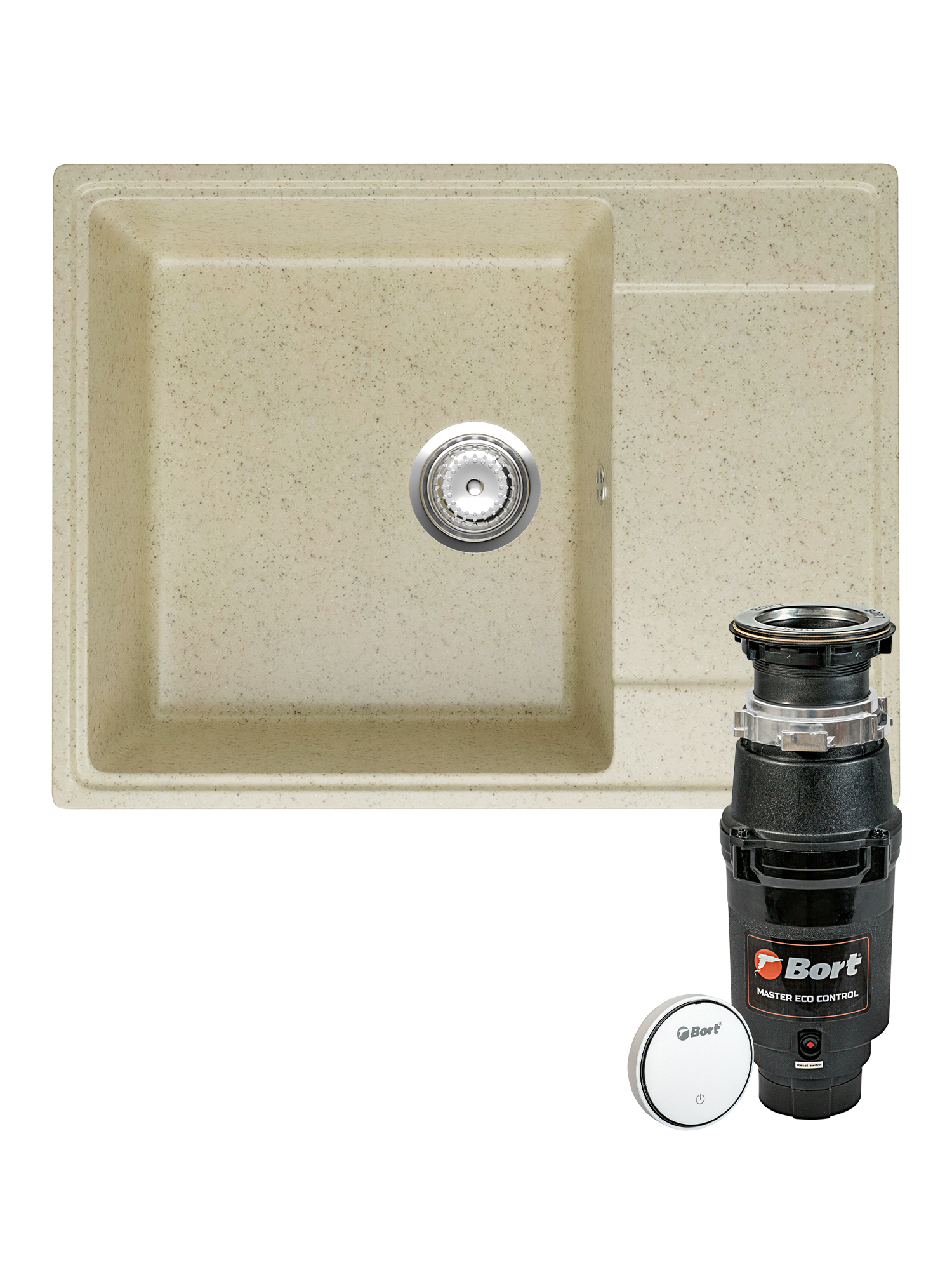 Комплект Мойка Domaci Палермо PR-650-002 65x49, бежевая, искусственный мрамор + Измельчитель Bort Master Eco Control электрический, нержавеющая сталь