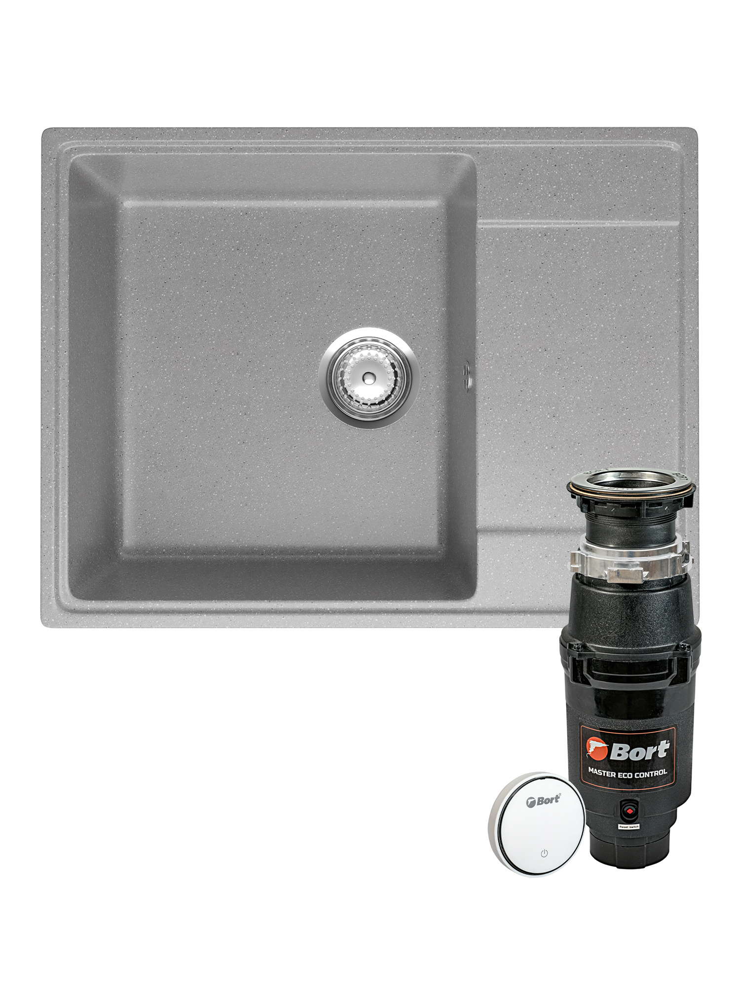 Комплект Мойка Domaci Палермо PR-650-003 65x49, серая, искусственный мрамор + Измельчитель Bort Master Eco Control электрический, нержавеющая сталь