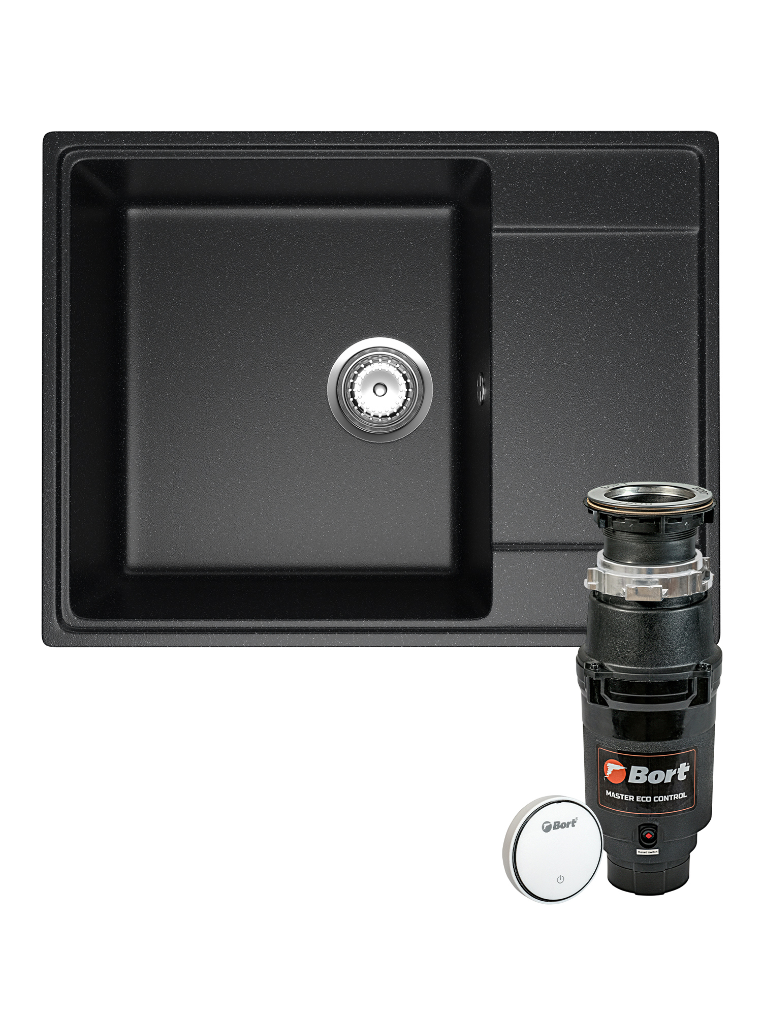 Комплект Мойка Domaci Палермо PR-650-004 65x49, черная, искусственный мрамор + Измельчитель Bort Master Eco Control электрический, нержавеющая сталь