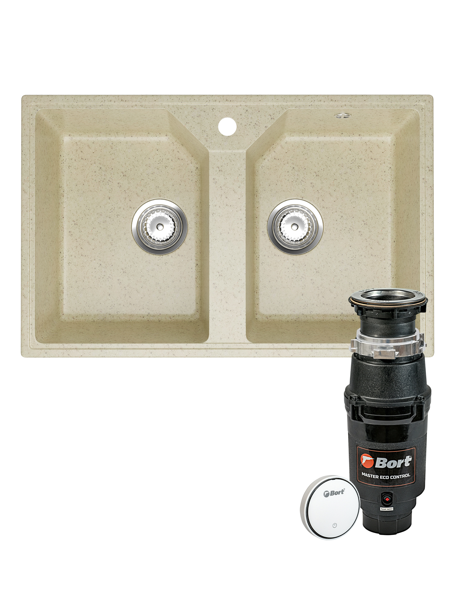 Комплект Мойка Domaci Палермо PR-770-002 77x49, бежевая, искусственный мрамор + Измельчитель Bort Master Eco Control электрический, нержавеющая сталь