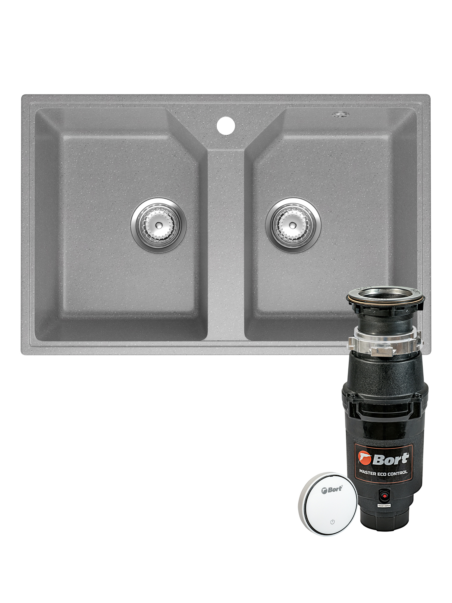 Комплект Мойка Domaci Палермо PR-770-003 77x49, серая, искусственный мрамор + Измельчитель Bort Master Eco Control электрический, нержавеющая сталь