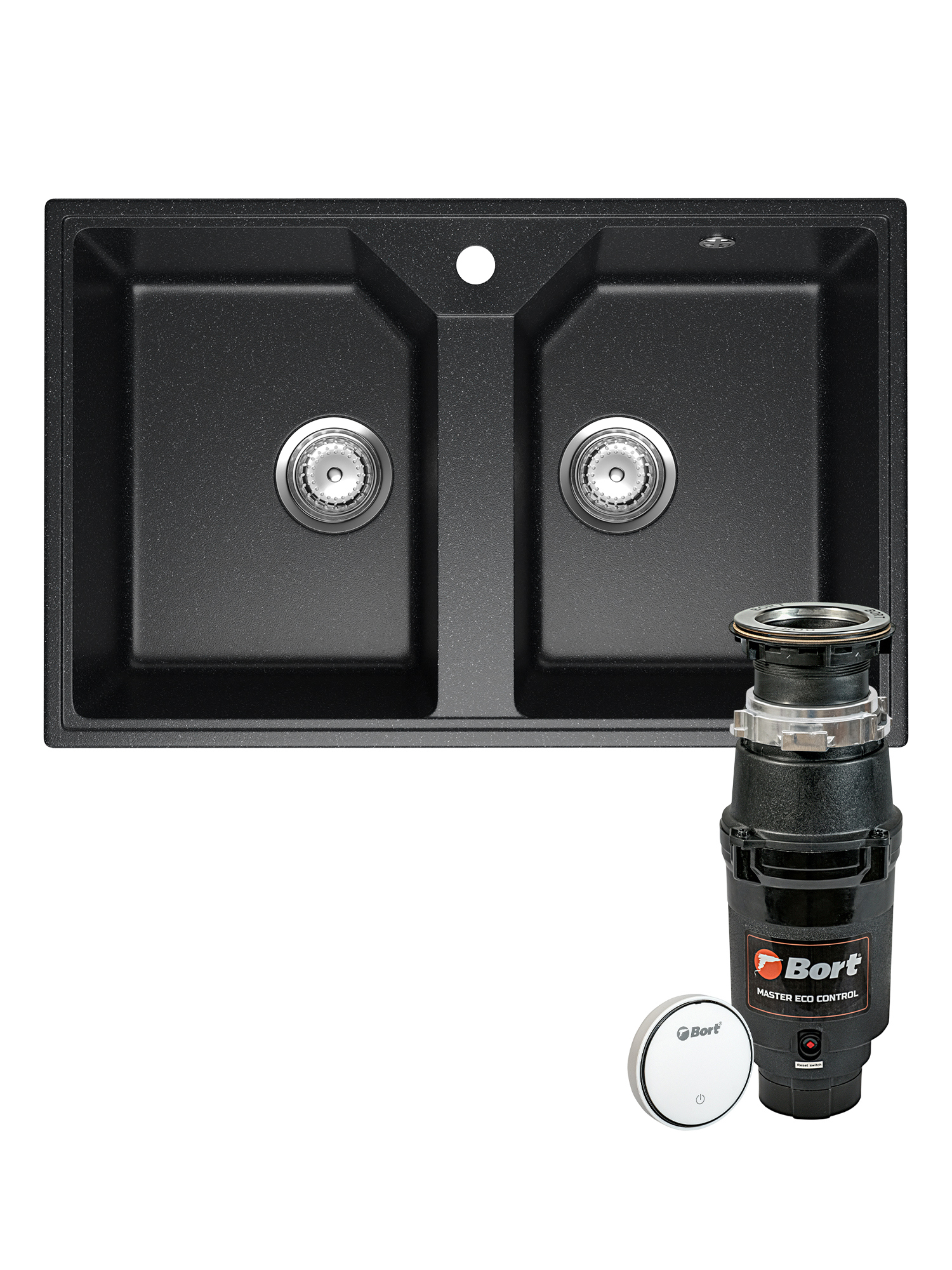 Комплект Мойка Domaci Палермо PR-770-004 77x49, черная, искусственный мрамор + Измельчитель Bort Master Eco Control электрический, нержавеющая сталь