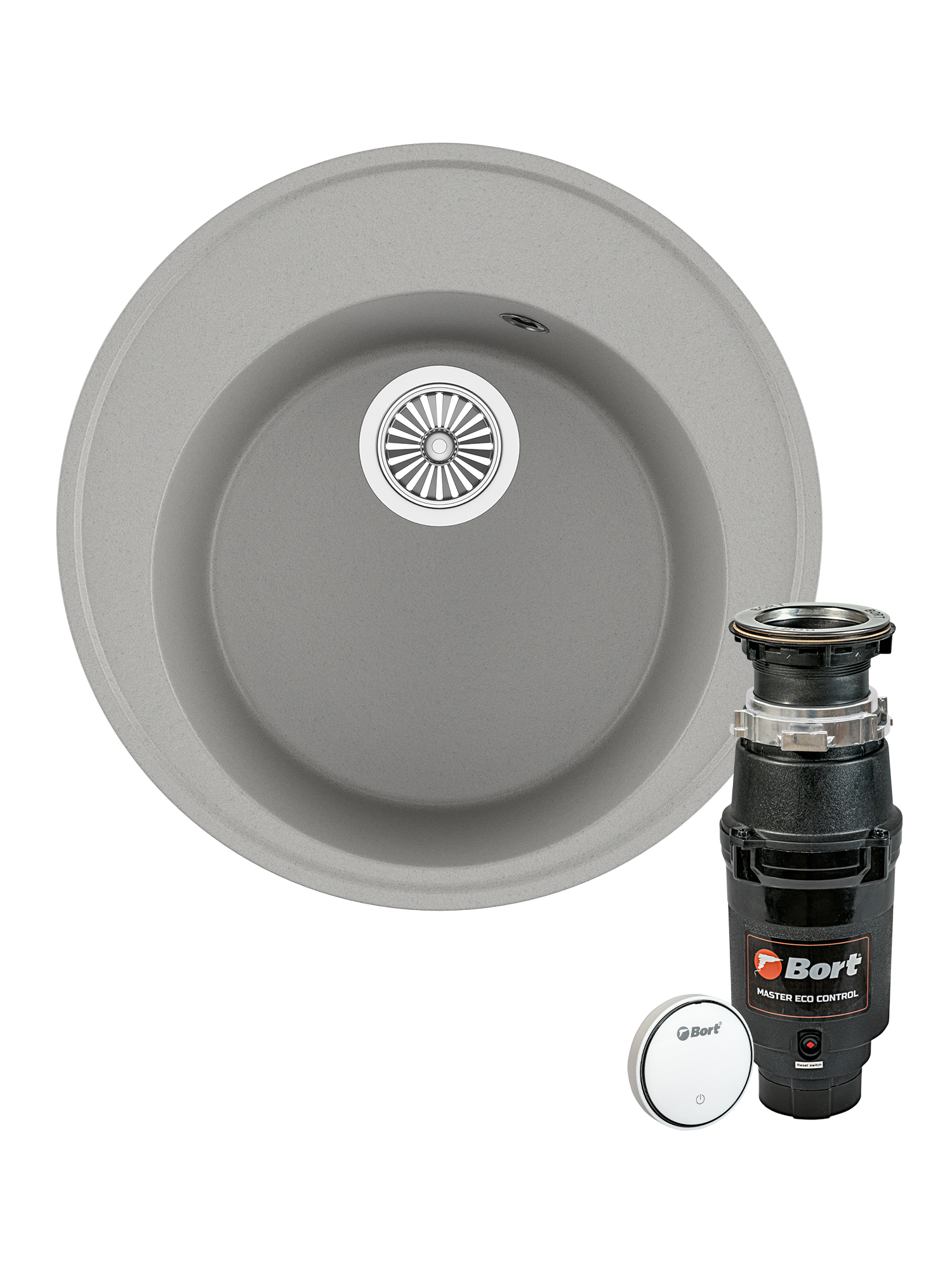 Комплект Мойка Domaci Солерно DN 485-04 48x48, платина, кварц + Измельчитель Bort Master Eco Control электрический, нержавеющая сталь