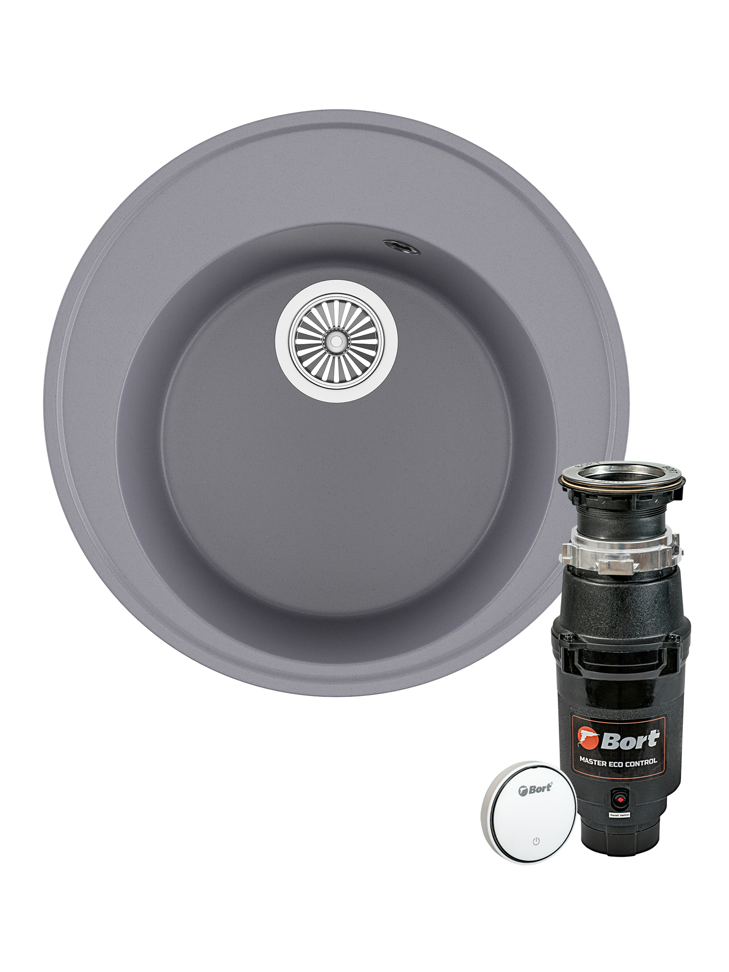 Комплект Мойка Domaci Солерно DN 485-05 48x48, бетон, кварц + Измельчитель Bort Master Eco Control электрический, нержавеющая сталь