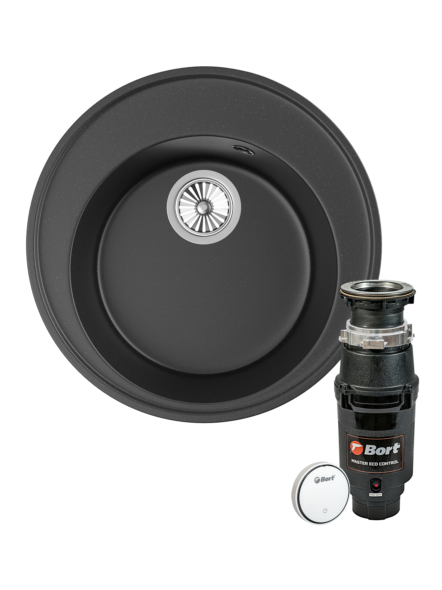 Комплект Мойка Domaci Солерно DN 485-07 48x48, уголь, кварц + Измельчитель Bort Master Eco Control электрический, нержавеющая сталь