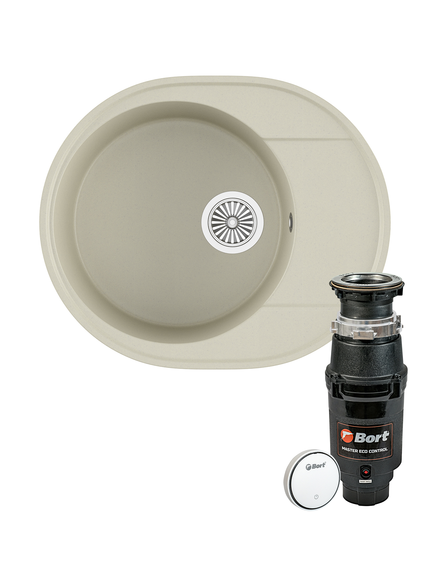 Комплект Мойка Domaci Солерно DN 585-02 58x48, лен, кварц + Измельчитель Bort Master Eco Control электрический, нержавеющая сталь