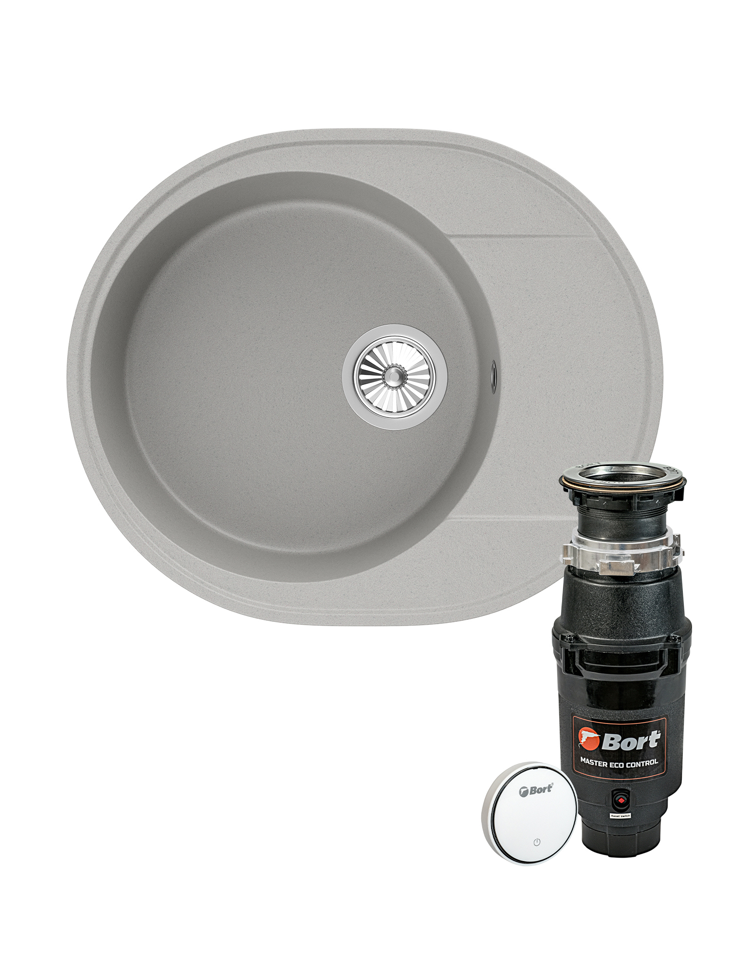 Комплект Мойка Domaci Солерно DN 585-04 58x48, платина, кварц + Измельчитель Bort Master Eco Control электрический, нержавеющая сталь