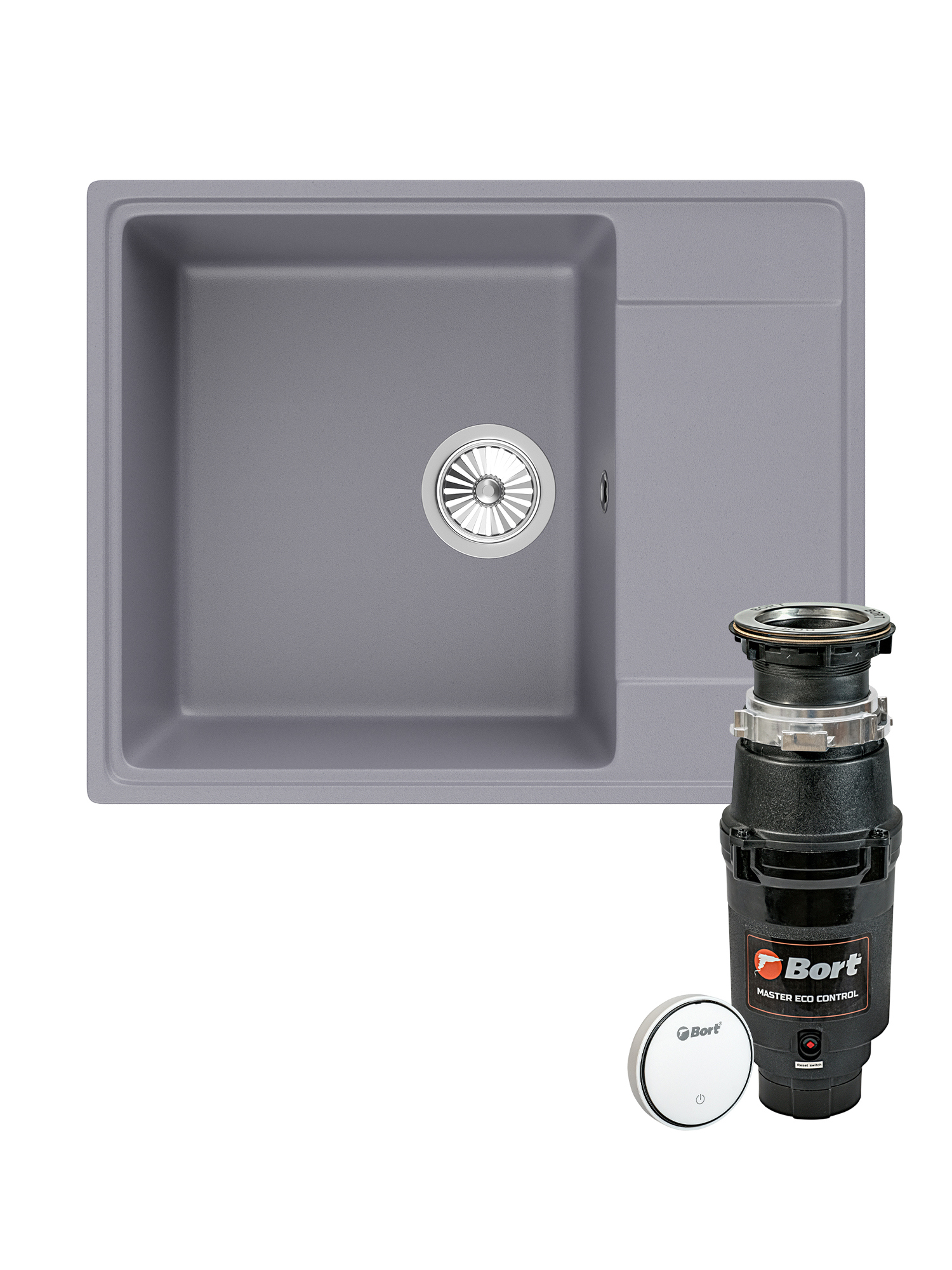 Комплект Мойка Domaci Солерно DP 605-05 60x48, бетон, кварц + Измельчитель Bort Master Eco Control электрический, нержавеющая сталь