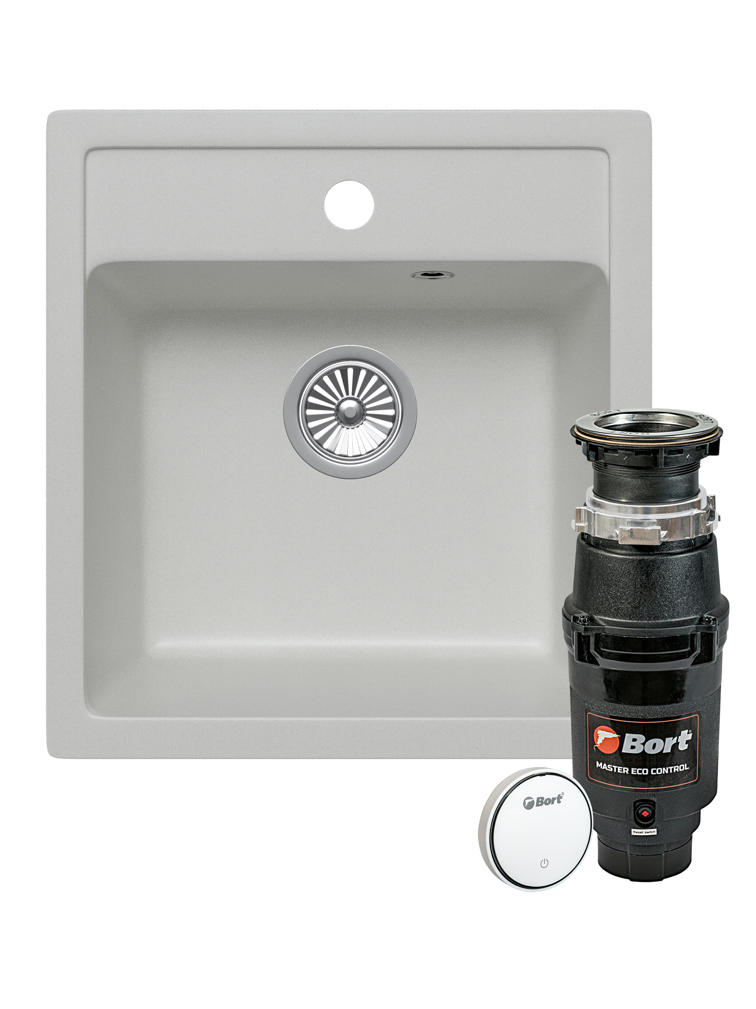 Комплект Мойка Domaci Римини M-GS18-W 41x47, белая, кварц + Измельчитель Bort Master Eco Control электрический, нержавеющая сталь