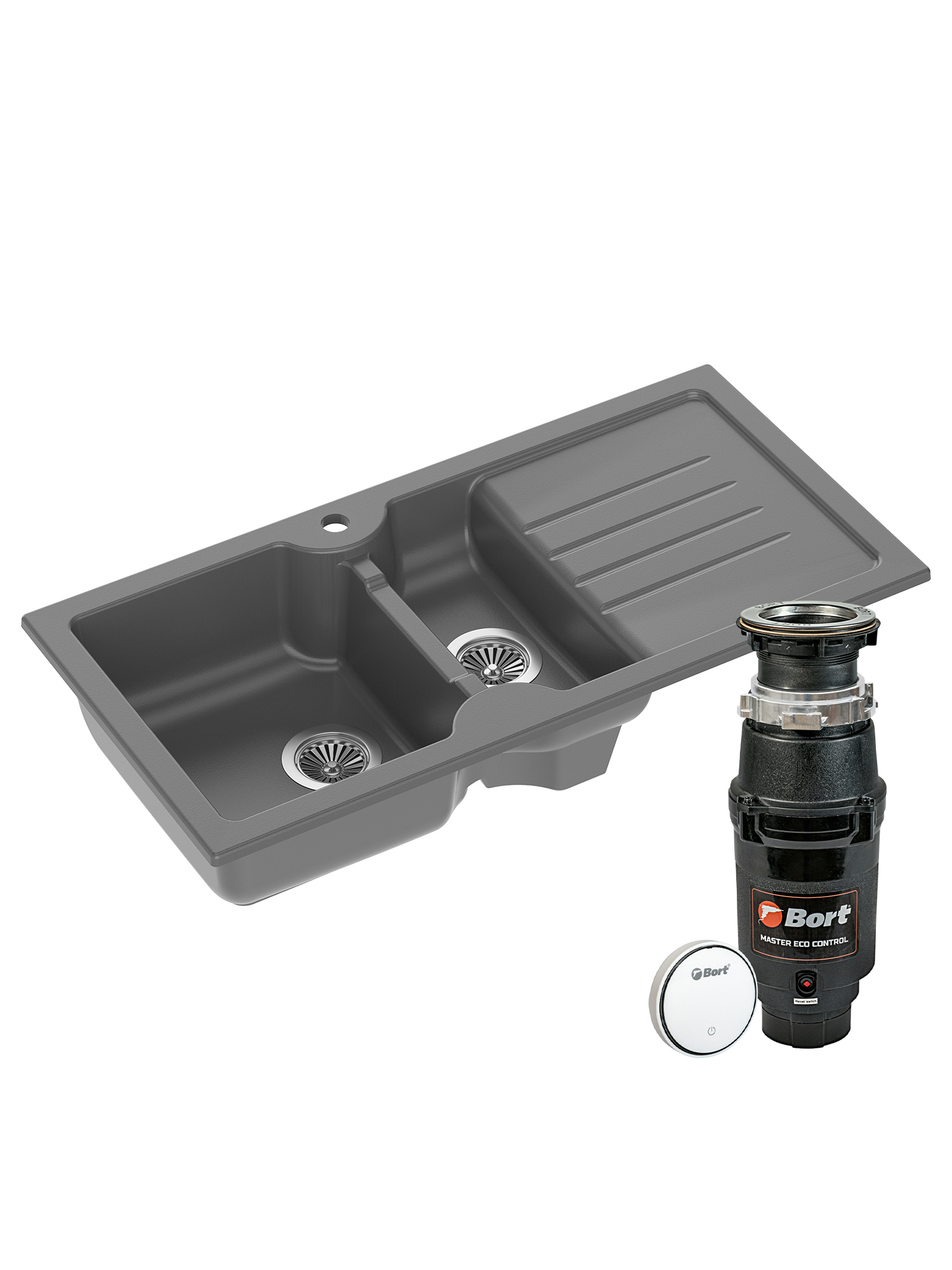 Комплект Мойка Domaci Сиена 54100-112 100x50, антрацит, керамика + Измельчитель Bort Master Eco Control электрический, нержавеющая сталь