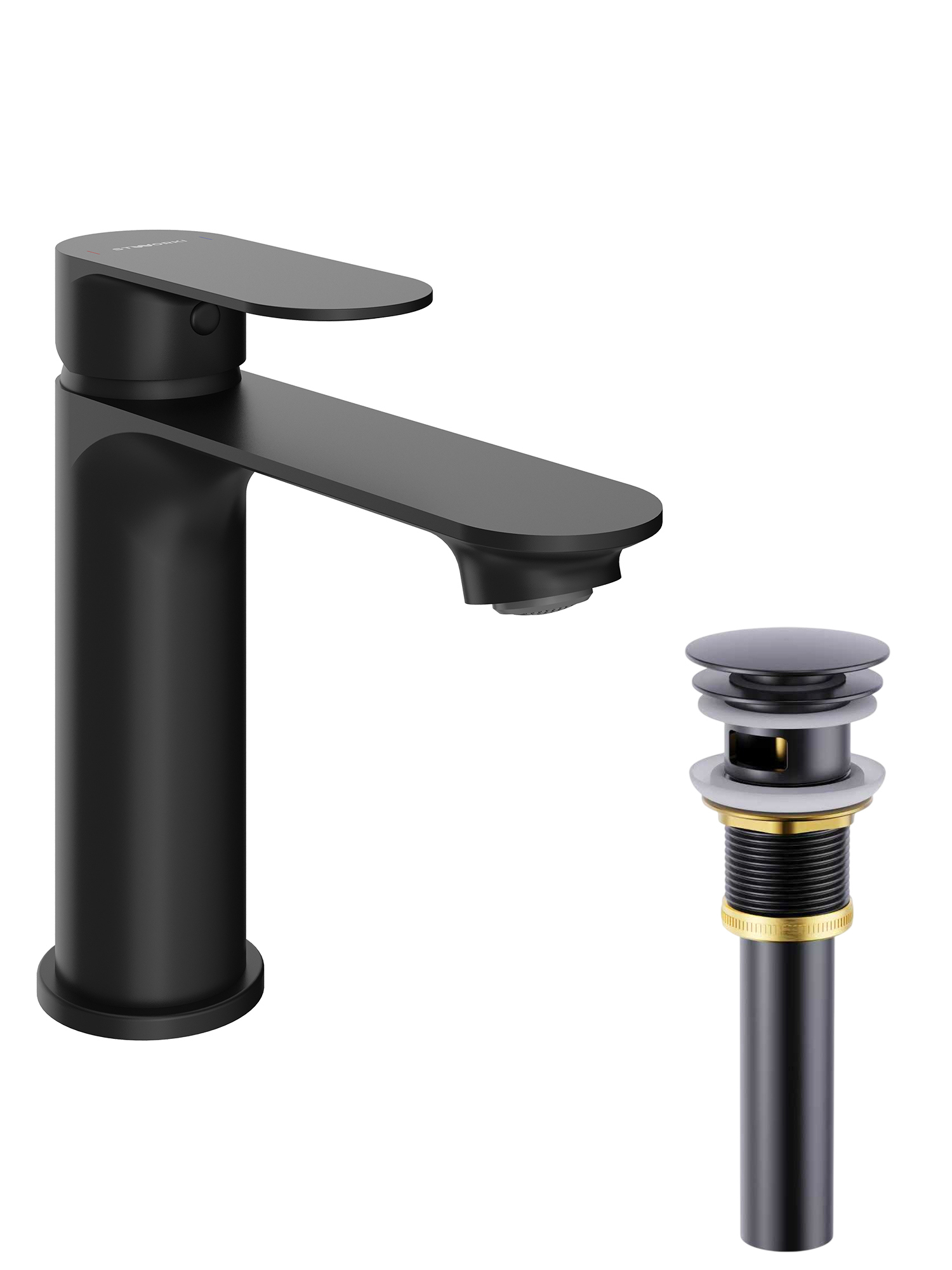 Смеситель для раковины STWORKI Вестфолл S08010BK + Донный клапан SW-001BK, матовый черный