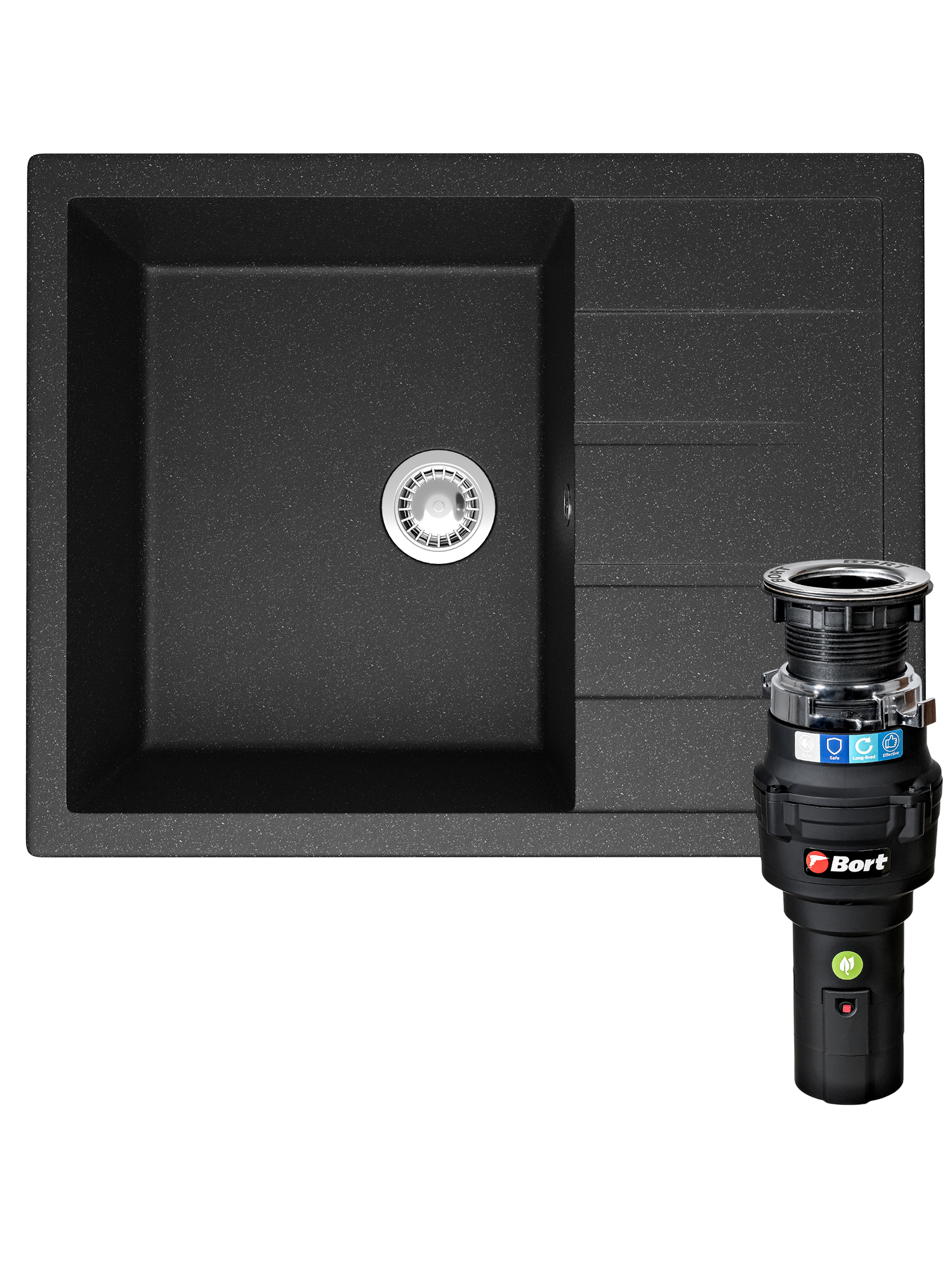 Комплект Мойка Domaci Болонья М-151-007 64x50, антрацит, искусственный мрамор + Измельчитель Bort Caiman 93418064 электрический, нержавеющая сталь