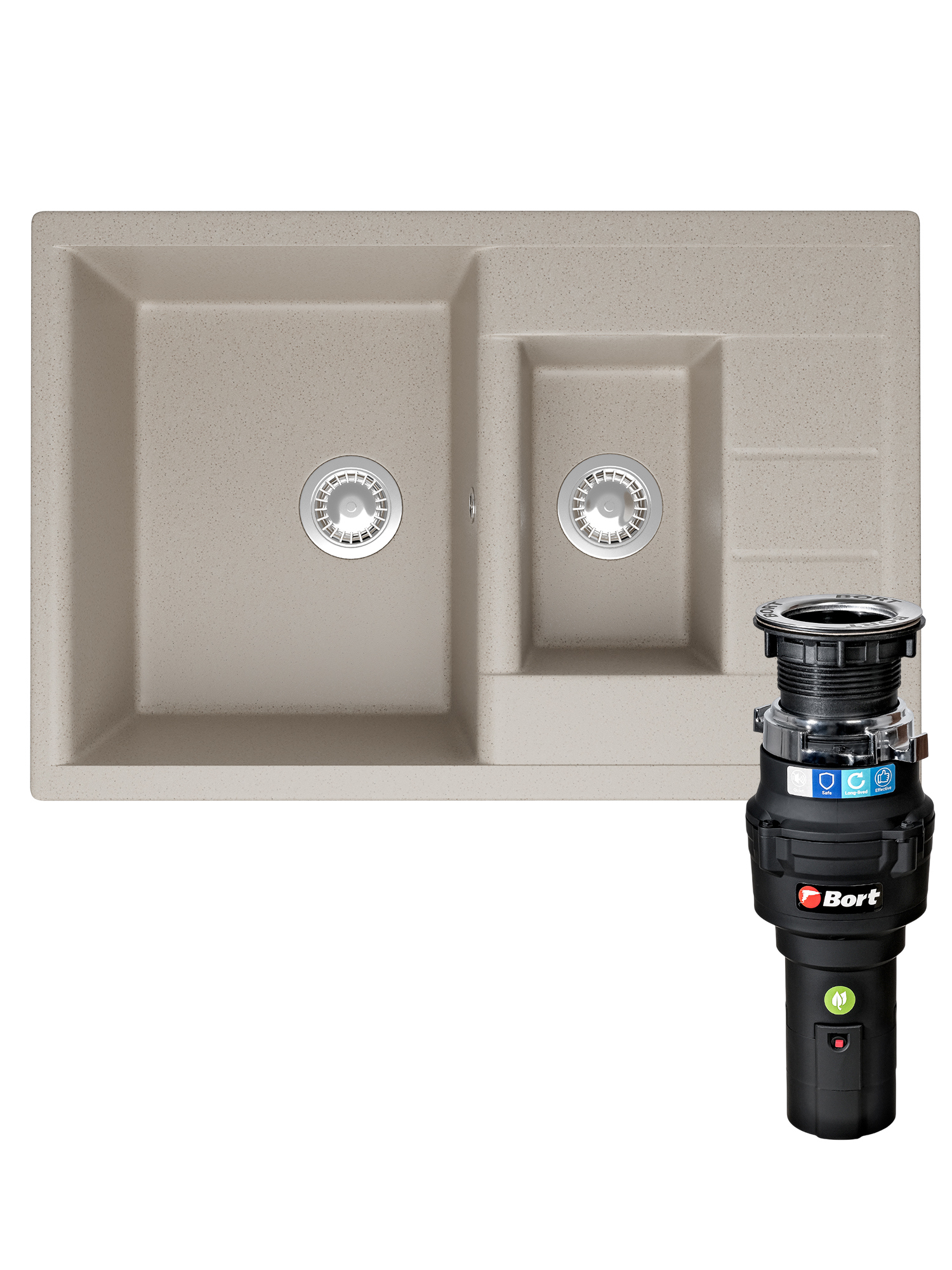 Комплект Мойка Domaci Болонья М-210-003 75x50, бежевая, искусственный мрамор + Измельчитель Bort Caiman 93418064 электрический, нержавеющая сталь