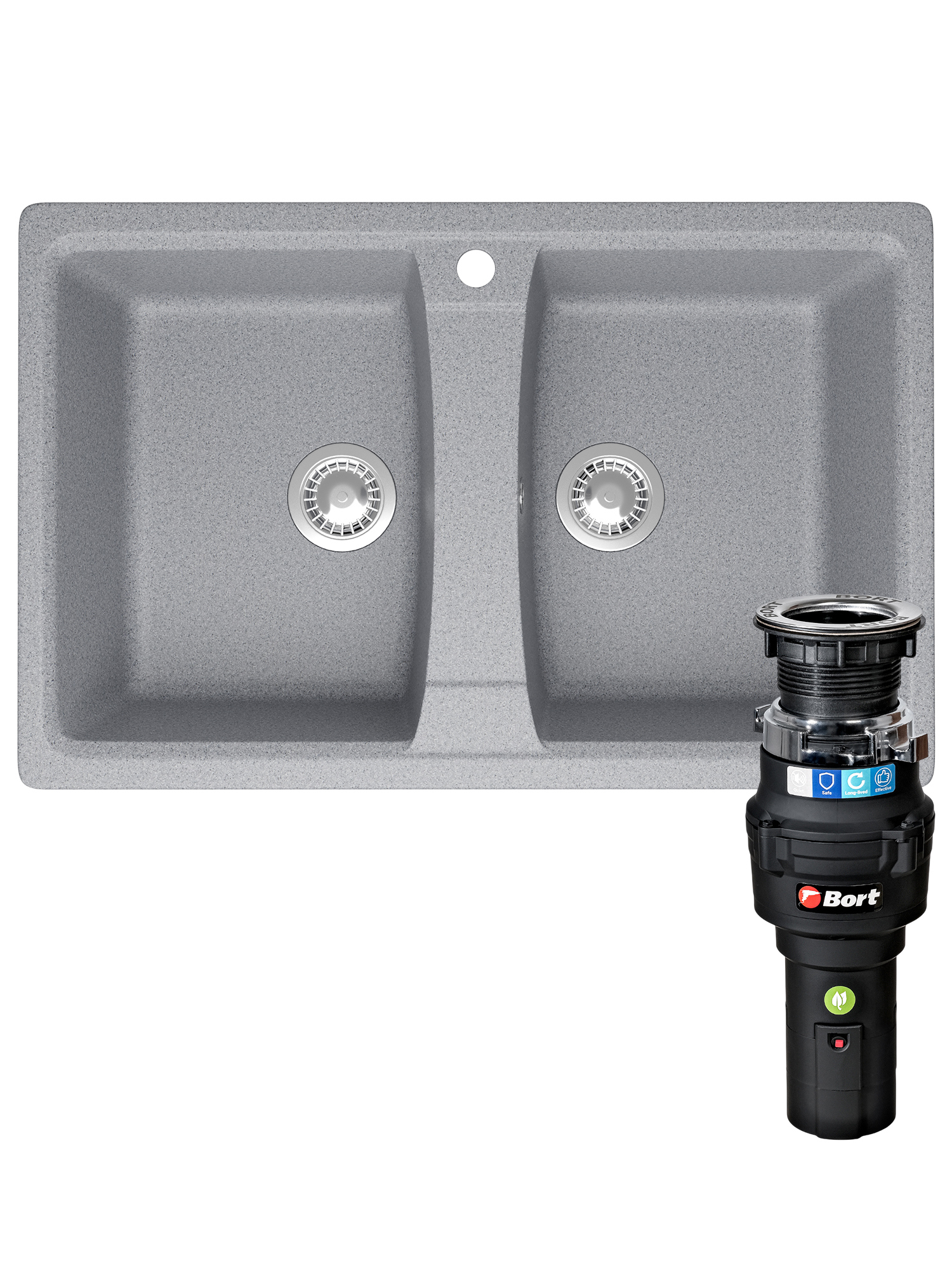 Комплект Мойка Domaci Болонья М-26-005 78x50, серая, искусственный мрамор + Измельчитель Bort Caiman 93418064 электрический, нержавеющая сталь